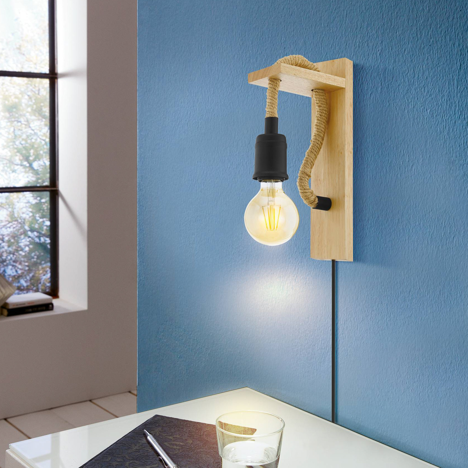 Rampside wall light, wood and rope, shadeless