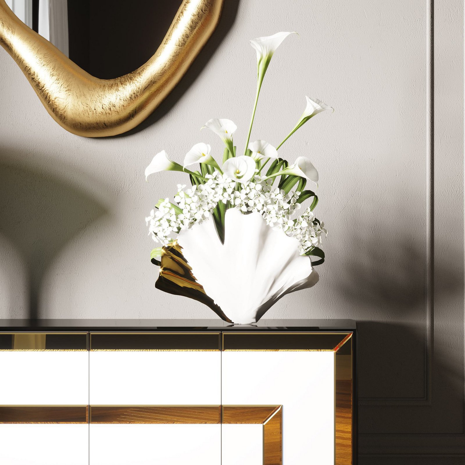 KARE Vaso Ginkgo Elegance, altezza 18 cm, gres, bianco, oro