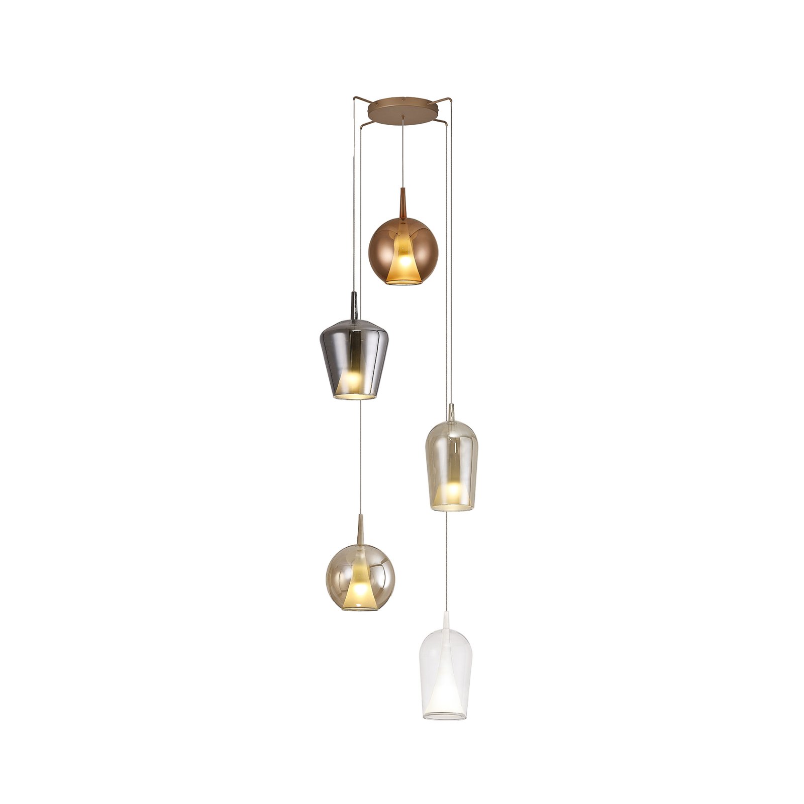 Hanglamp Elsa, glas, 5-lamps, brons, helder, chroom, koper