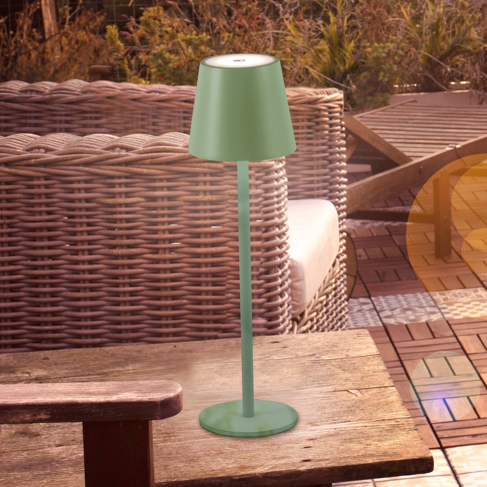 JUST LIGHT. Euria rechargeable LED table lamp, green, iron, IP54