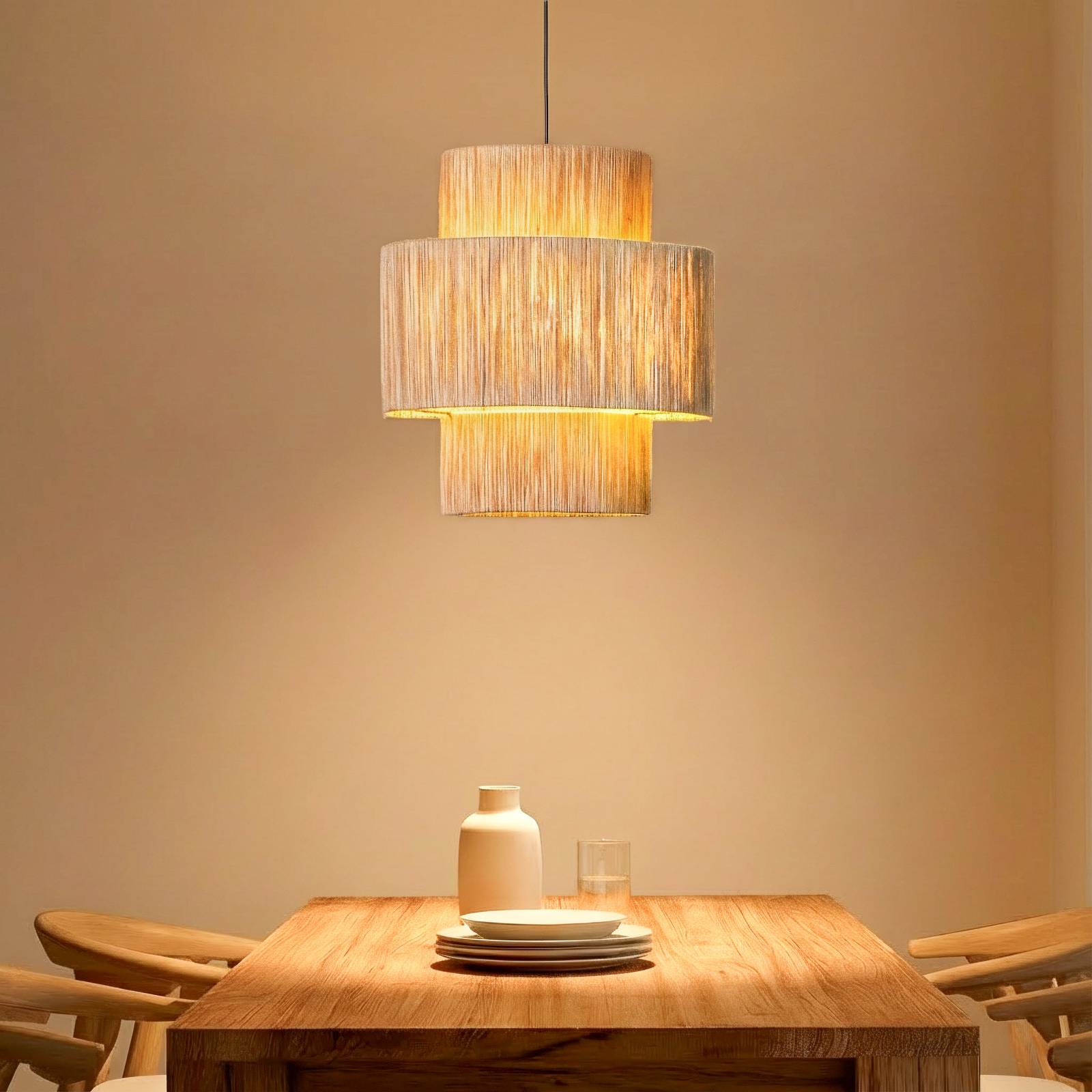 Hängeleuchte Sahra, braun, Seil, Ø 39 cm, Doppelschirm günstig online kaufen