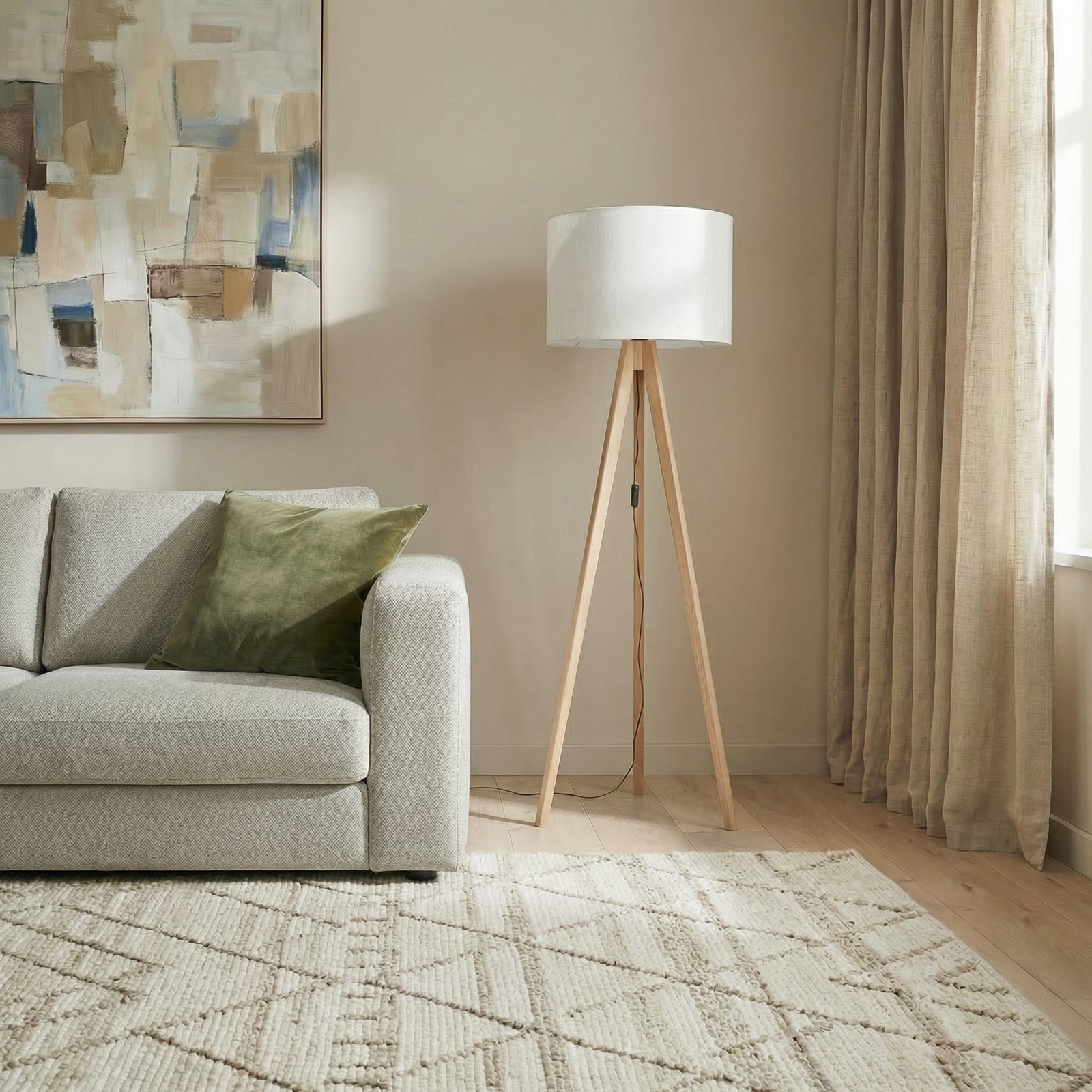 Grand floor lamp, cream/pine, height 145 cm, E27