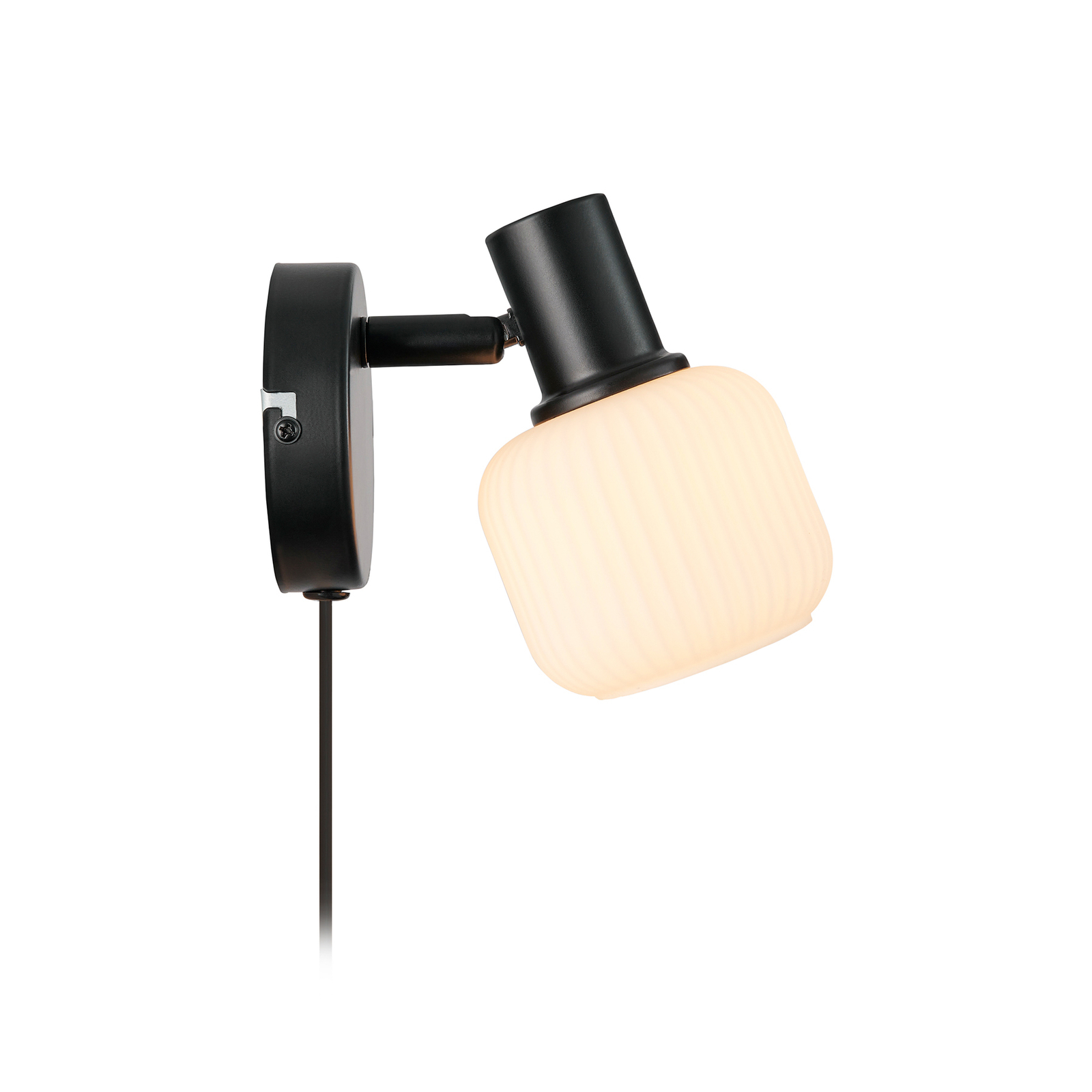 Milford Mini wandlamp, zwart, geribbeld glas, met stekker