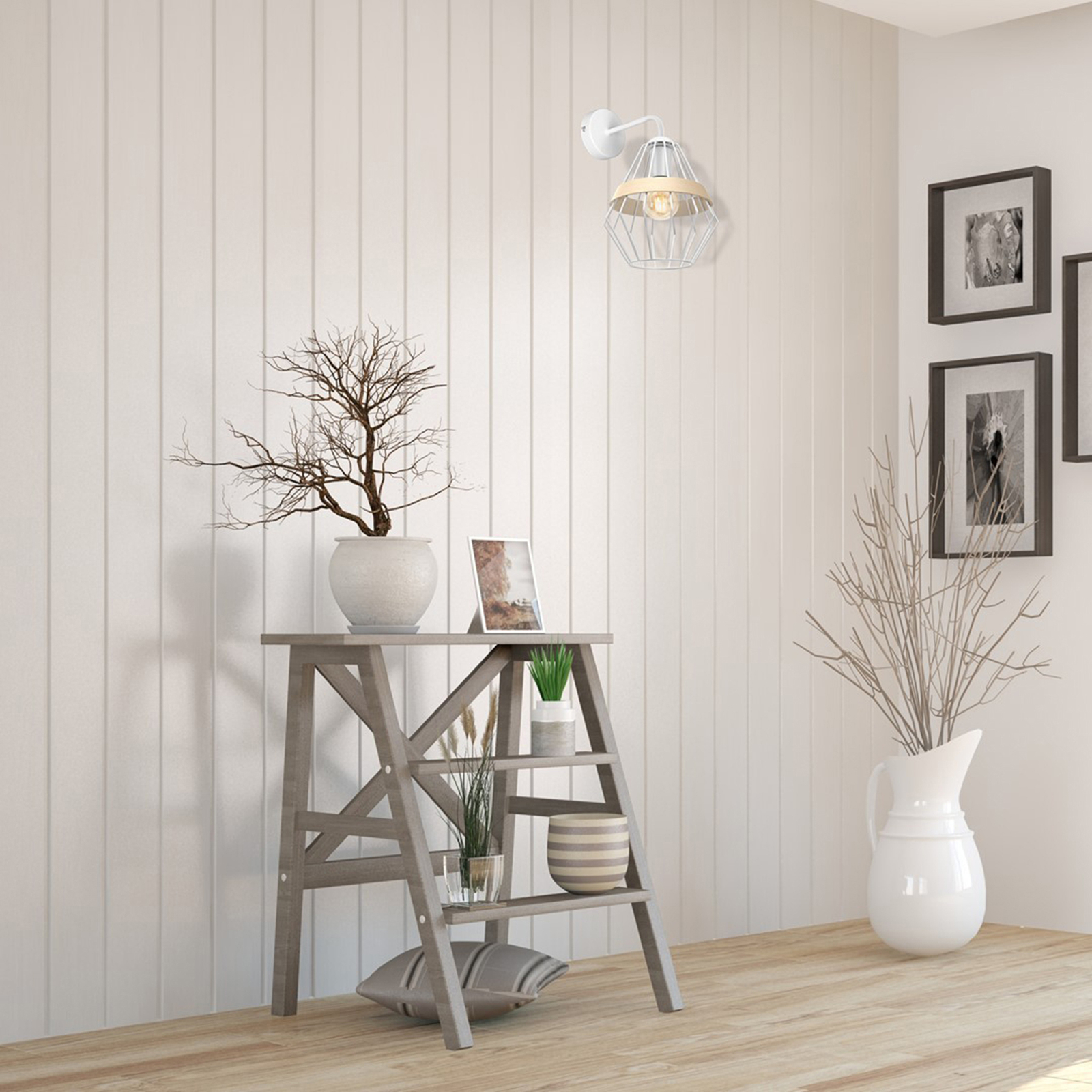 Cliff wall light, cage lampshade wooden band white