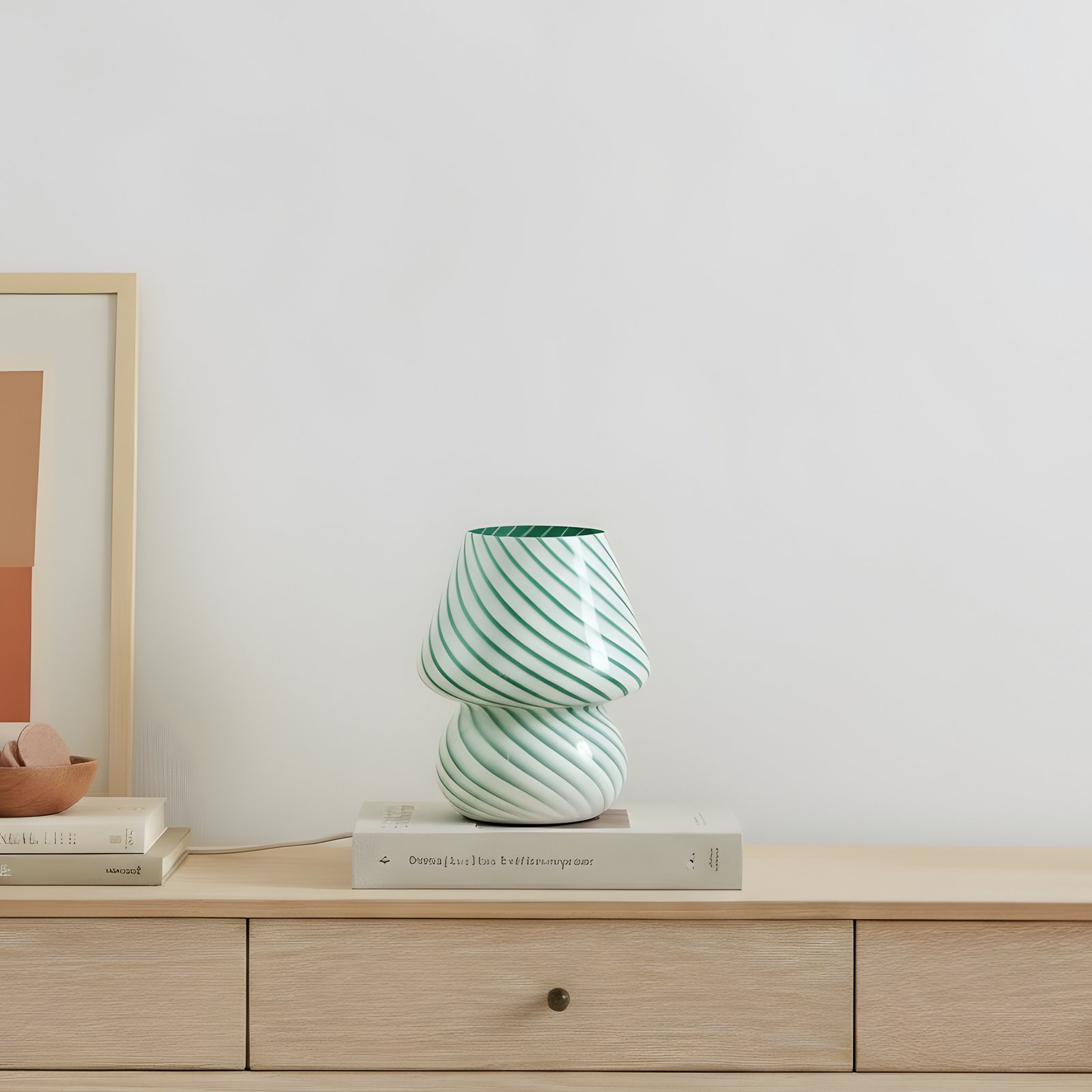 Lindby table lamp Andriana, green/white, glass, Ø 15 cm