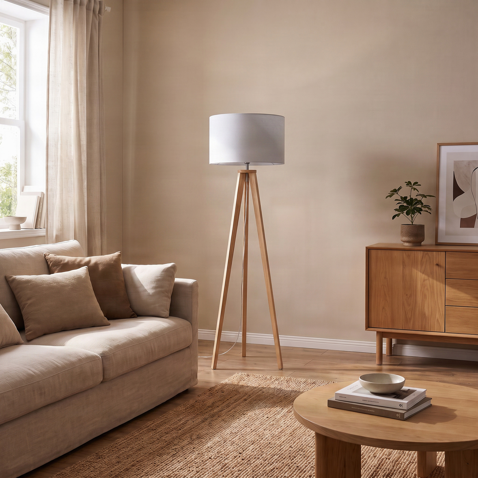 Lindby lampadar Charlia, alb, lemn, înălțime 150cm