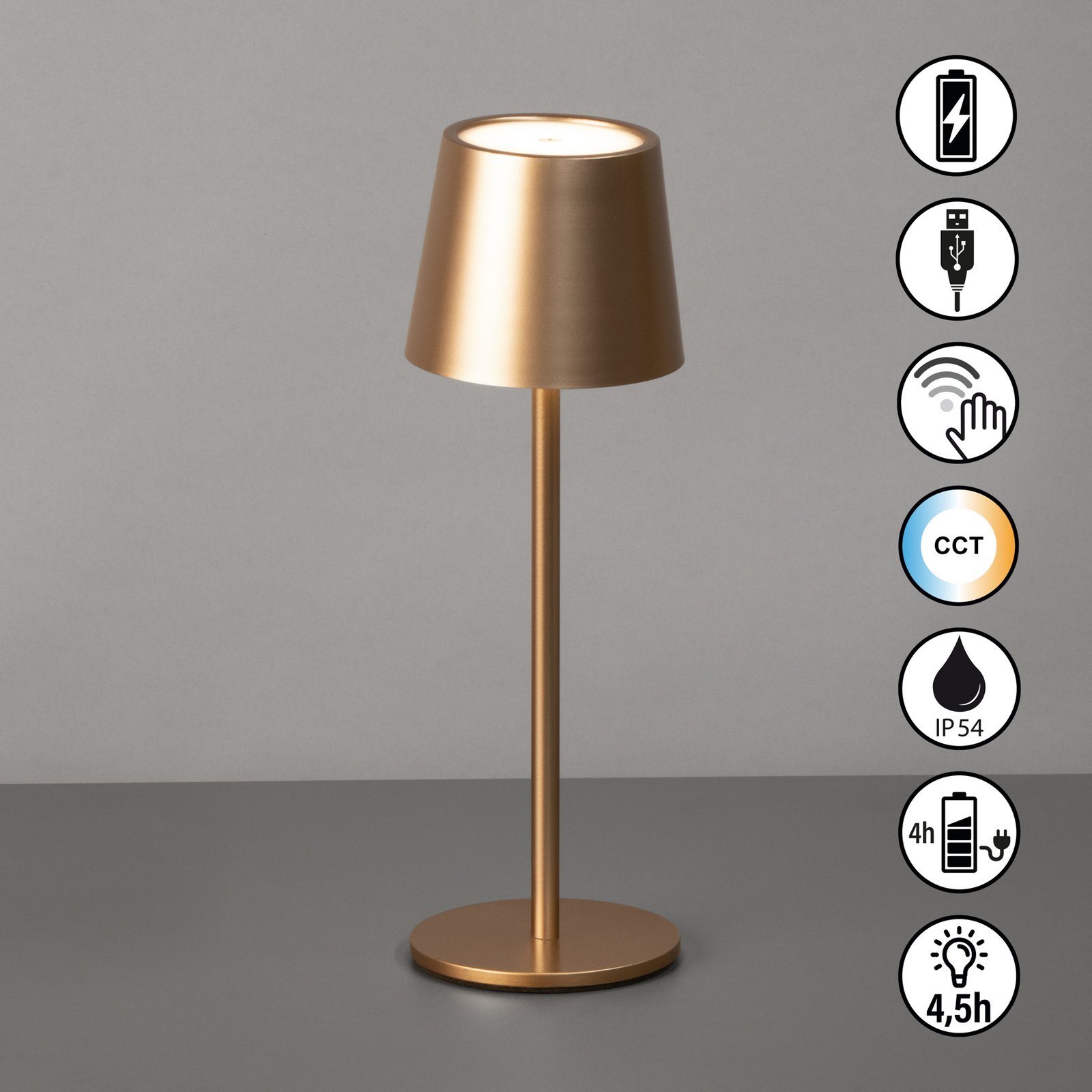 LED-Akku-Tischlampe Roxi, coffeefarben, Metall, IP54, Dimmer