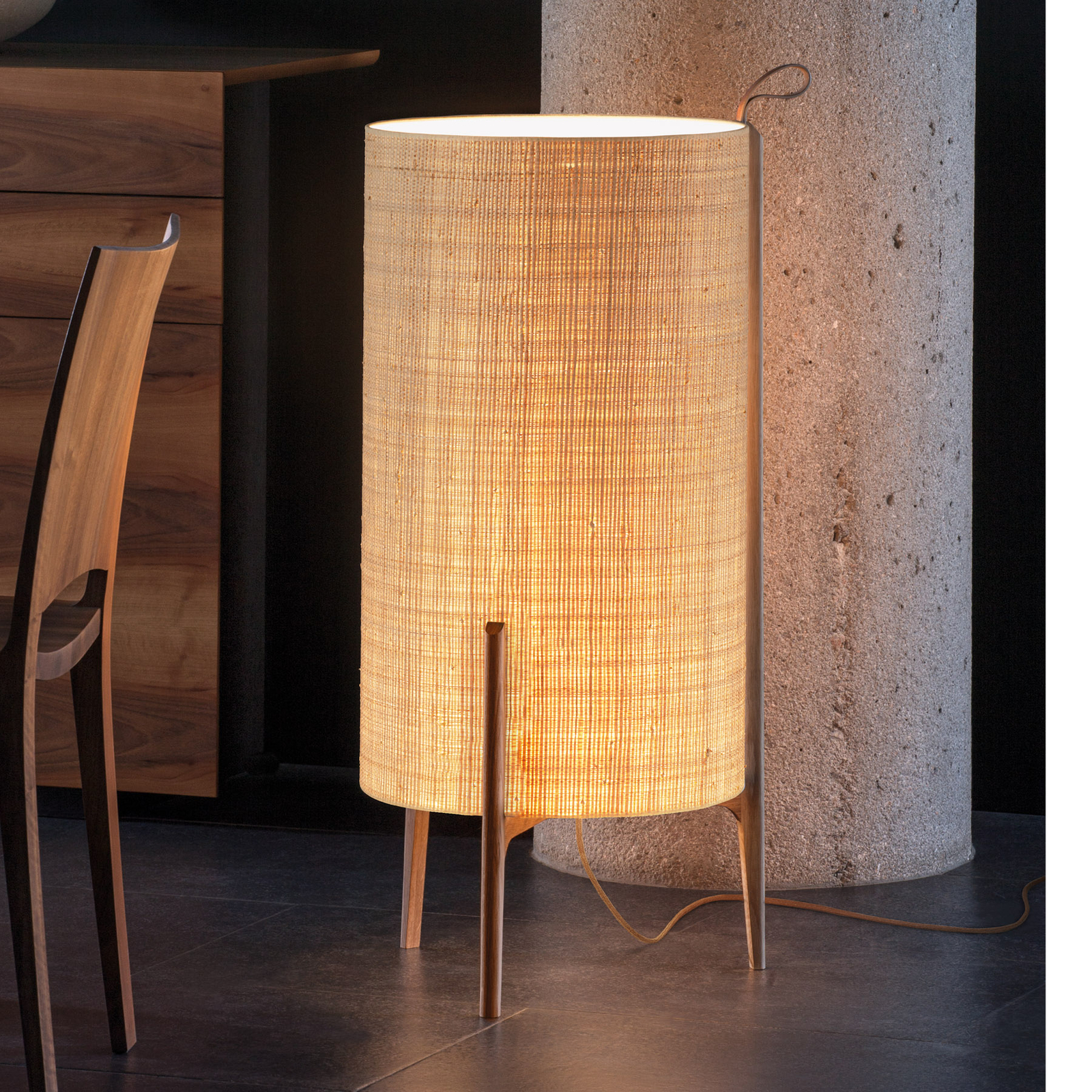 Greta floor lamp, natural fibre/oak wood, 90 cm