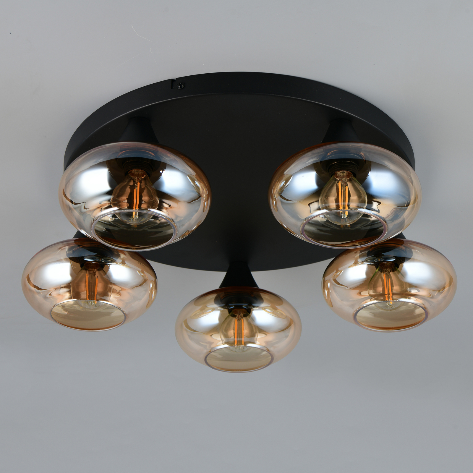 Plafoniera Divina, color ambra, Ø 49 cm, a 5 luci, vetro