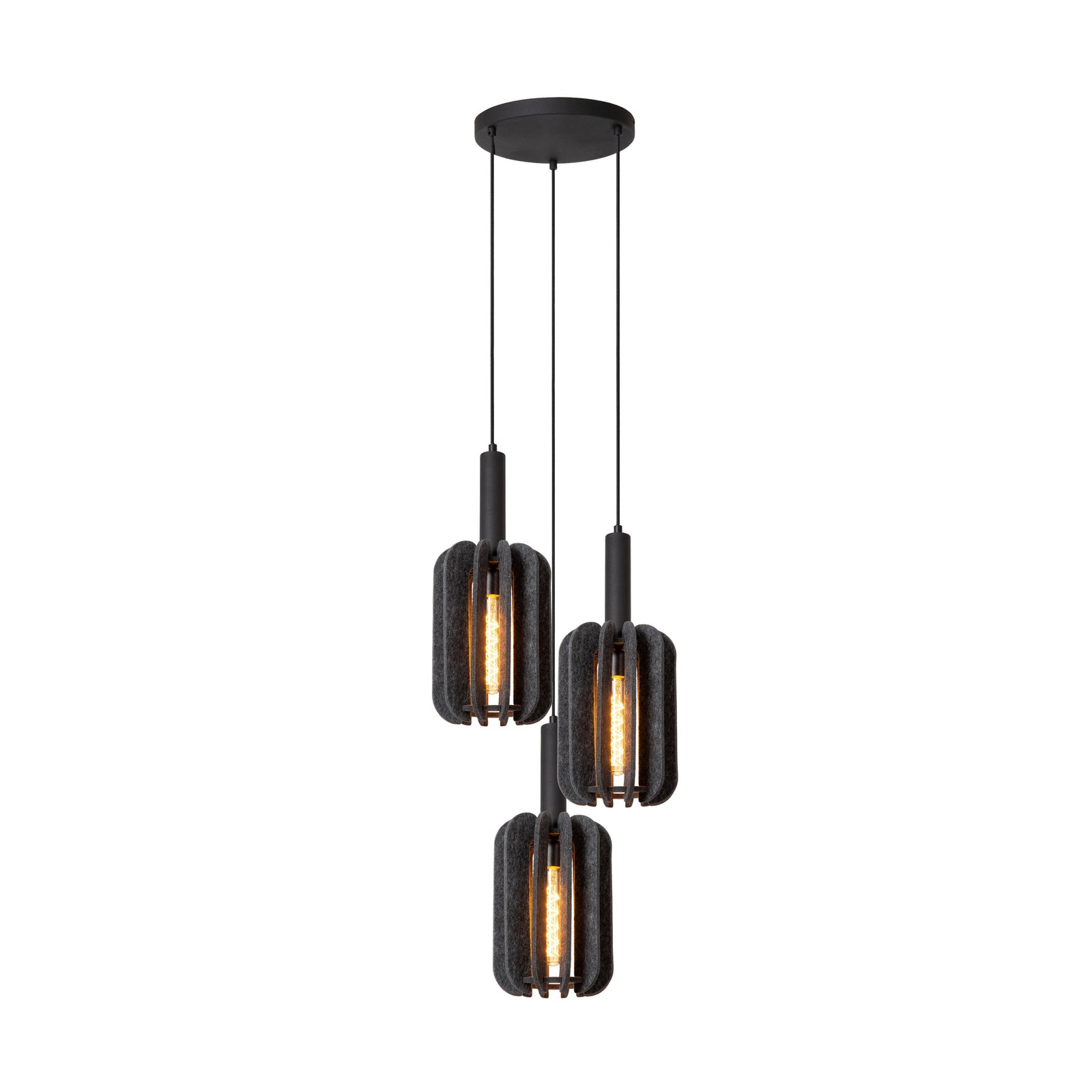 Rafal textile pendant light, Ø 30 cm, grey, angular, 3-bulb