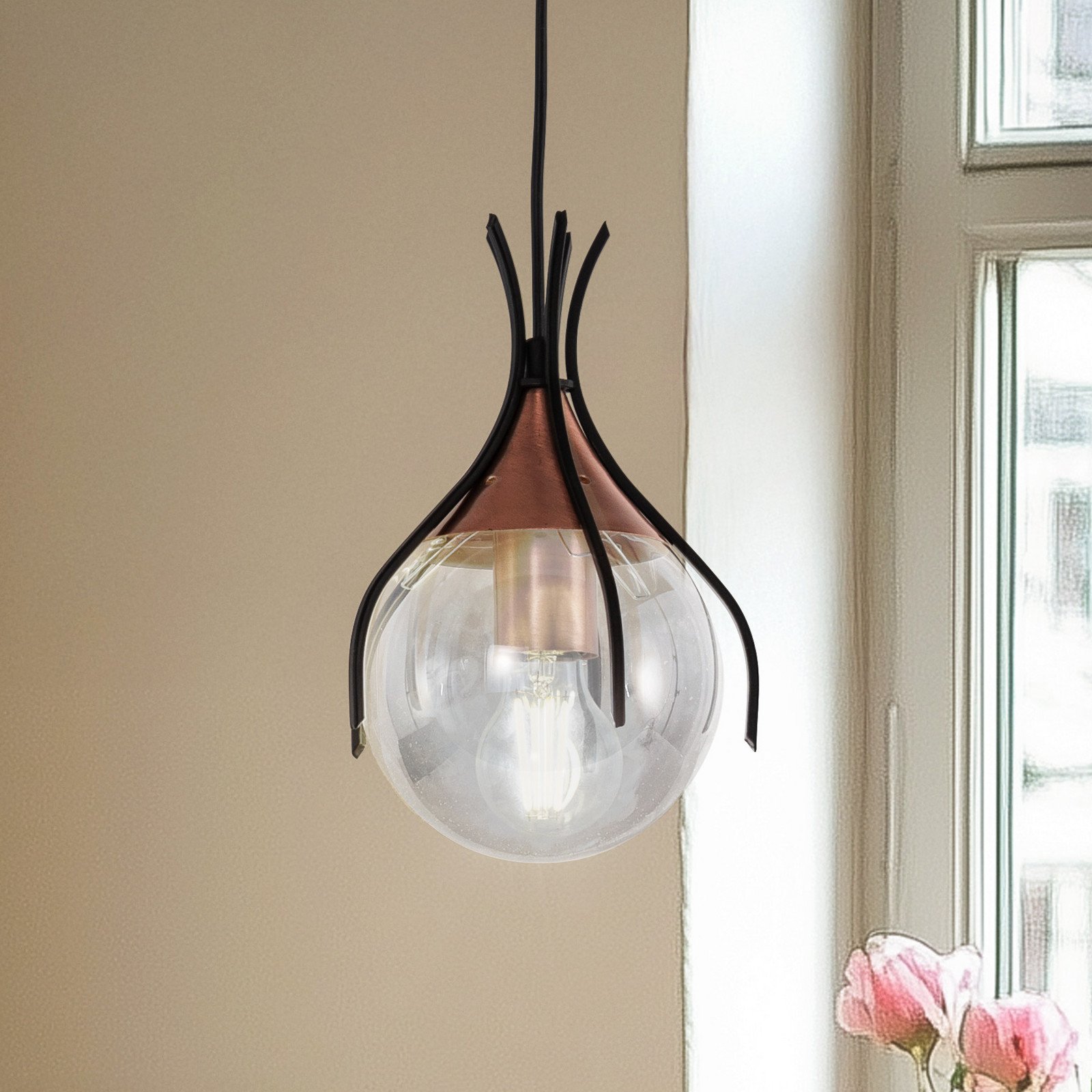 Avonni Lampă suspendată Sinka gri fumuriu/negru Ø 13 cm sticlă/metal - Camera de zi / sufragerie - gri fumuriu-transparent negru auriu antic