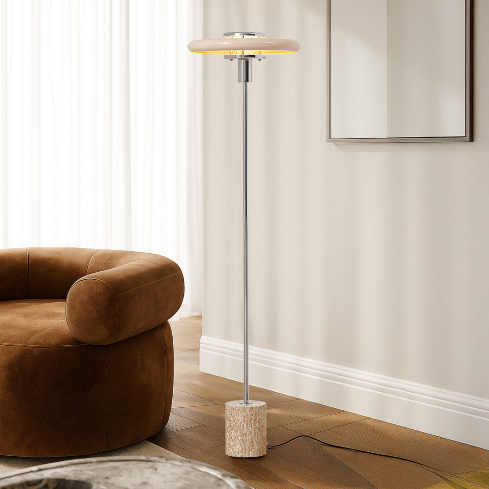 Lindby vloerlamp Branford, retro, beige, metaal/travertin