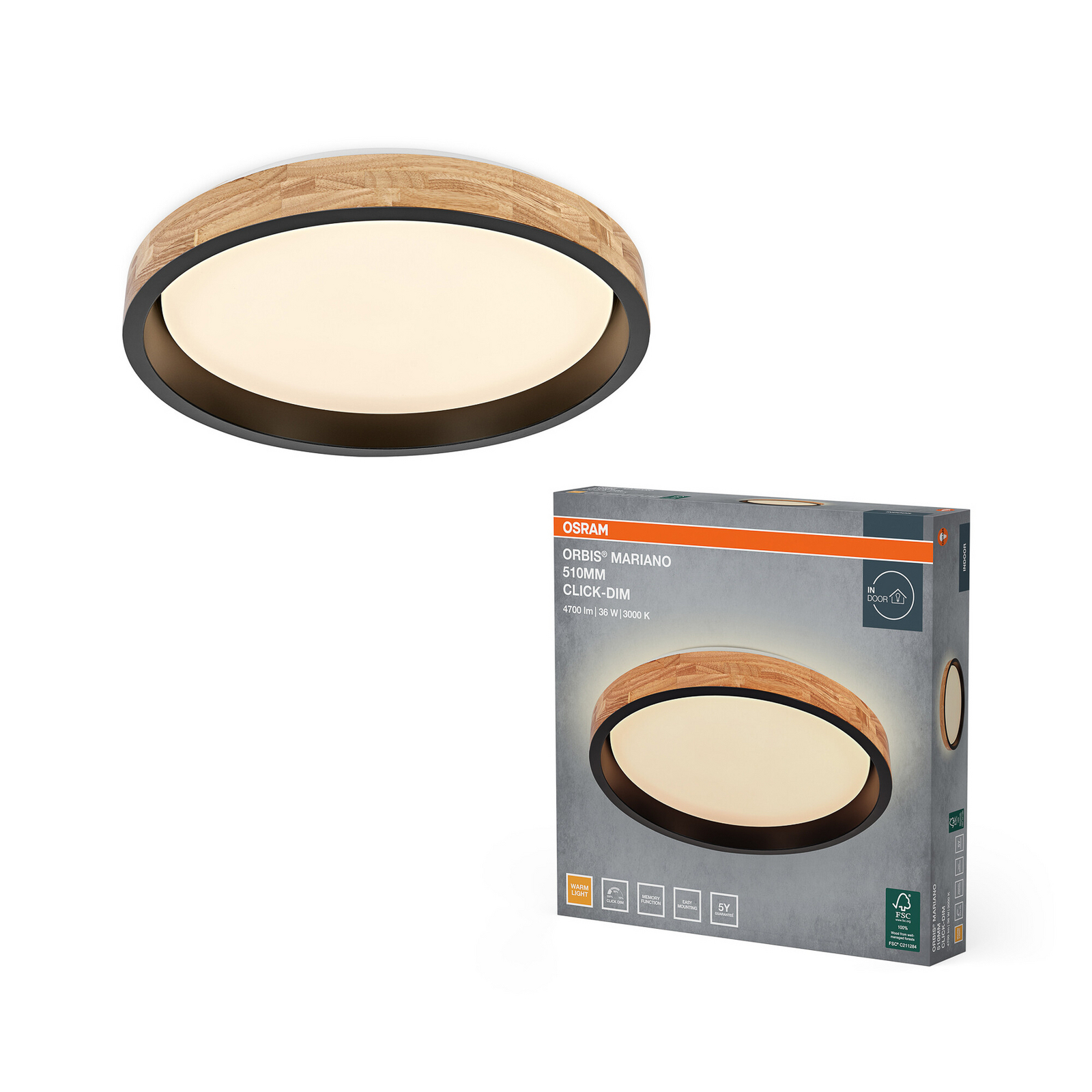 Φωτιστικό οροφής LED OSRAM ORBIS MARIANO ξύλο/μαύρο Ø 51 cm με ρυθμιστή έντασης Φωτιστικό οροφής LED OSRAM ORBIS MARIANO ξύλο/μαύρο Ø 51 cm με ρυθμιστή έντασης
