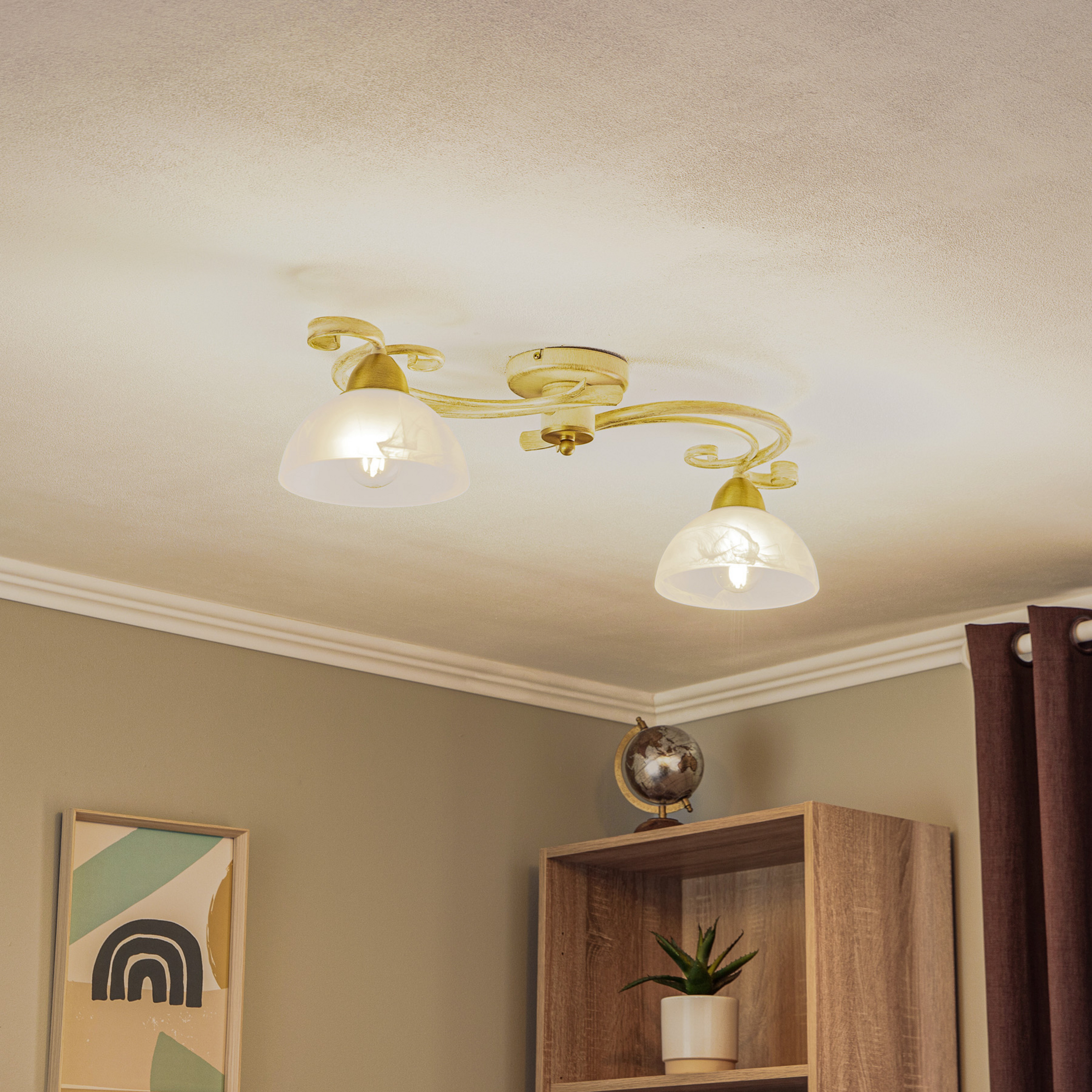 Lampa sufitowa Flora, dwa szklane klosze, biała/mosiądz