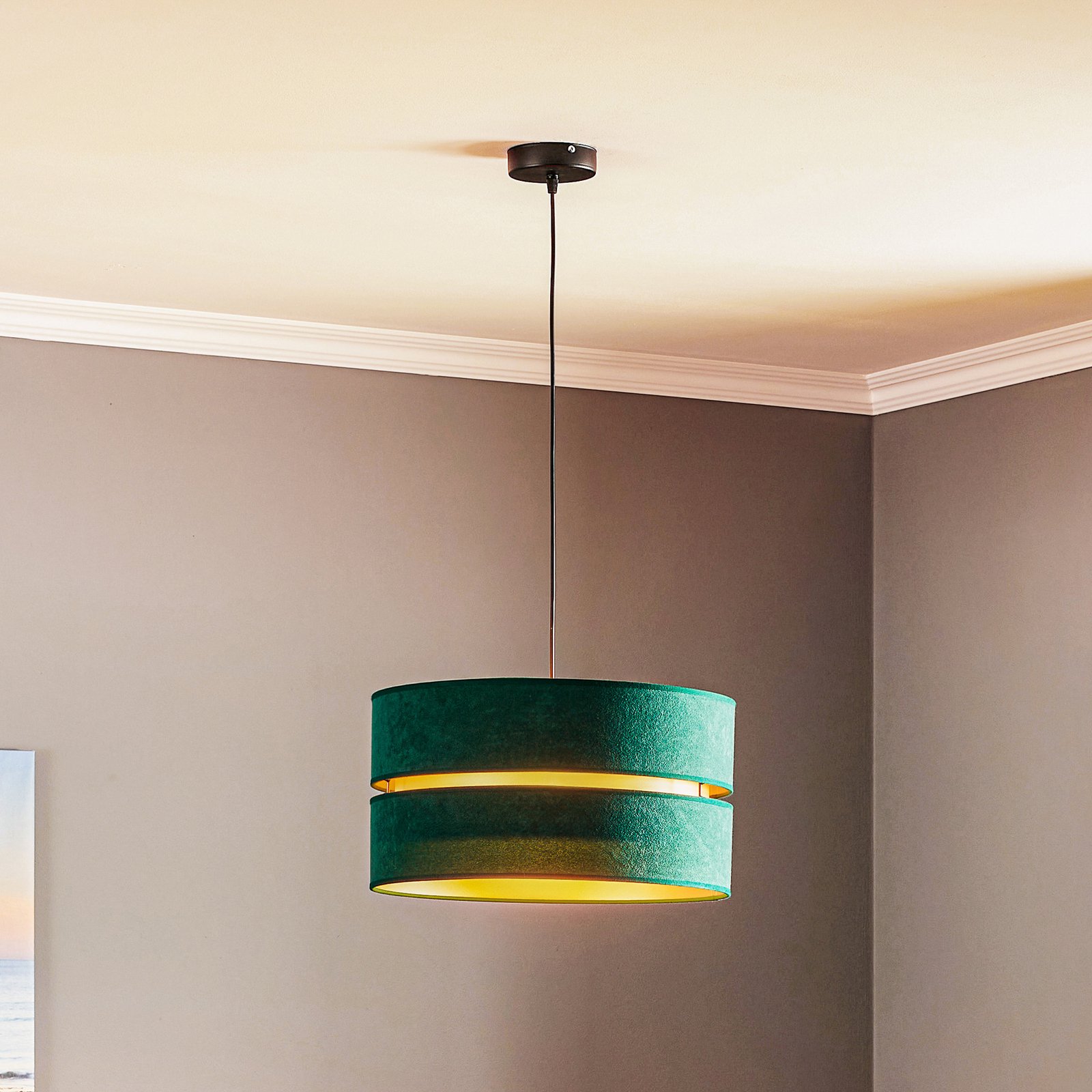 Duo hanging light, green/gold, Ø 40 cm, 1-bulb