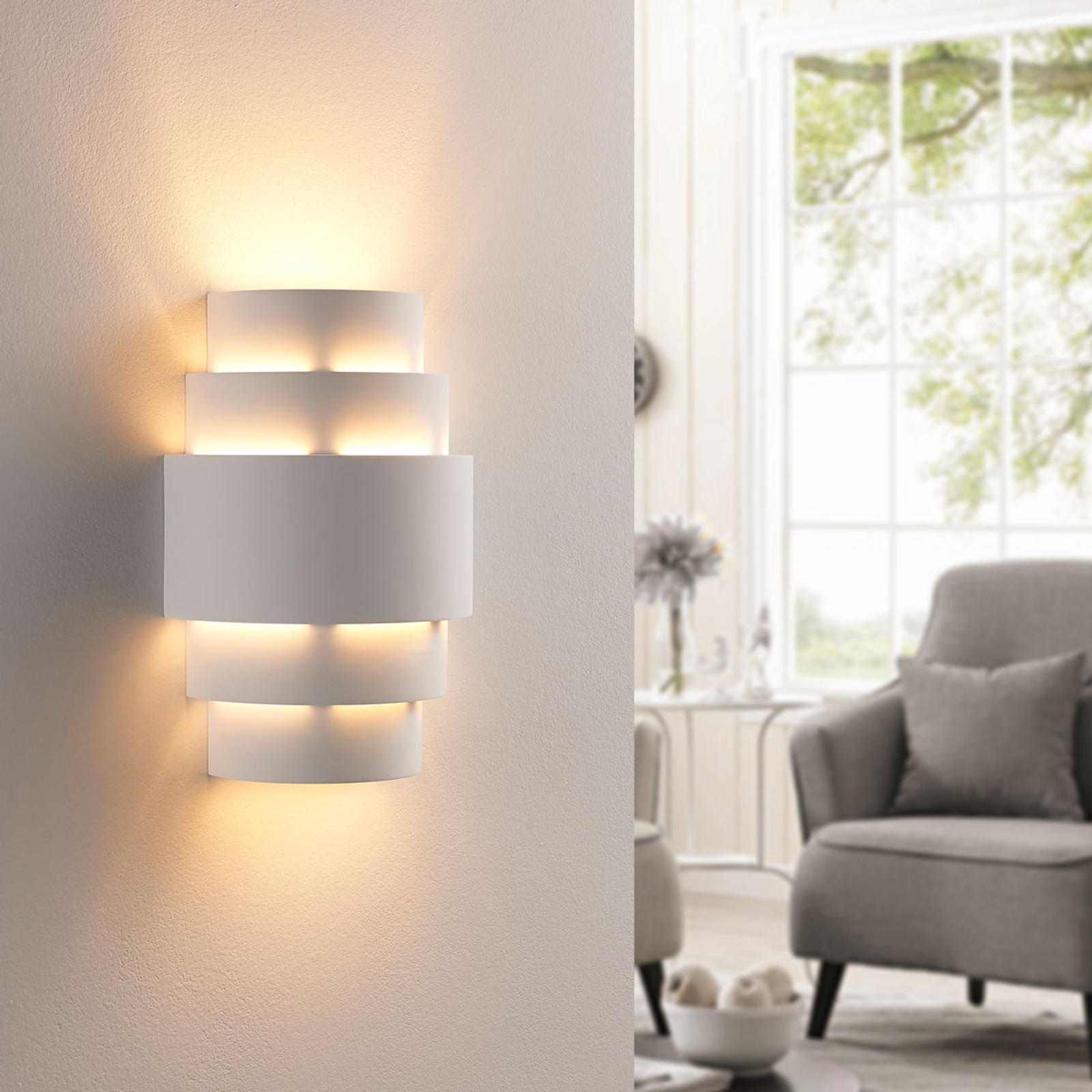 Lindby Marit step-like LED wall lamp, Easydim, for Living / Dining Room, plaster, E14, 5 W, energy efficiency: A+, W: 20 cm, H: 30 cm