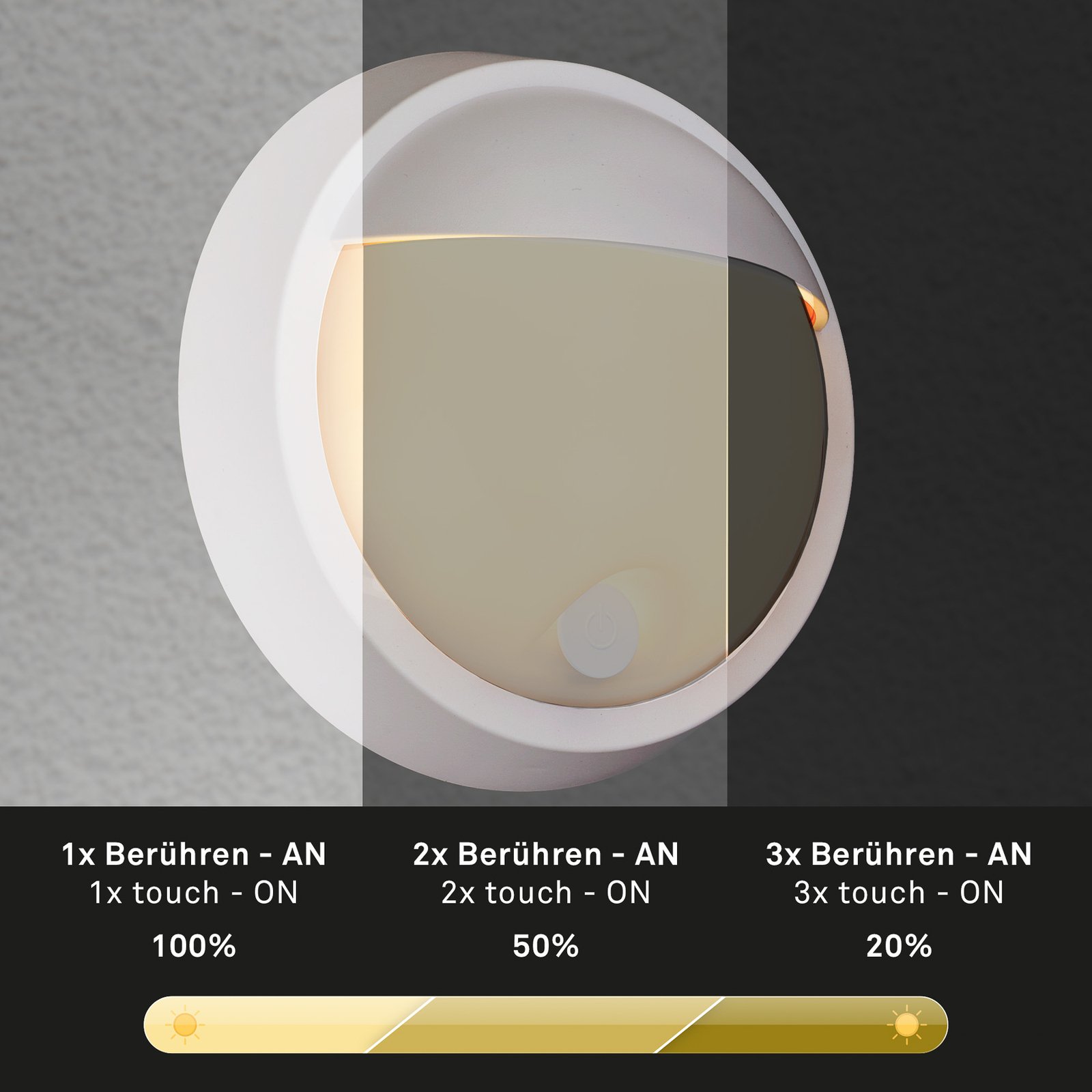 Utendørs vegglampe 3784016, hvit, berøringsdimmer, Ø 17 cm