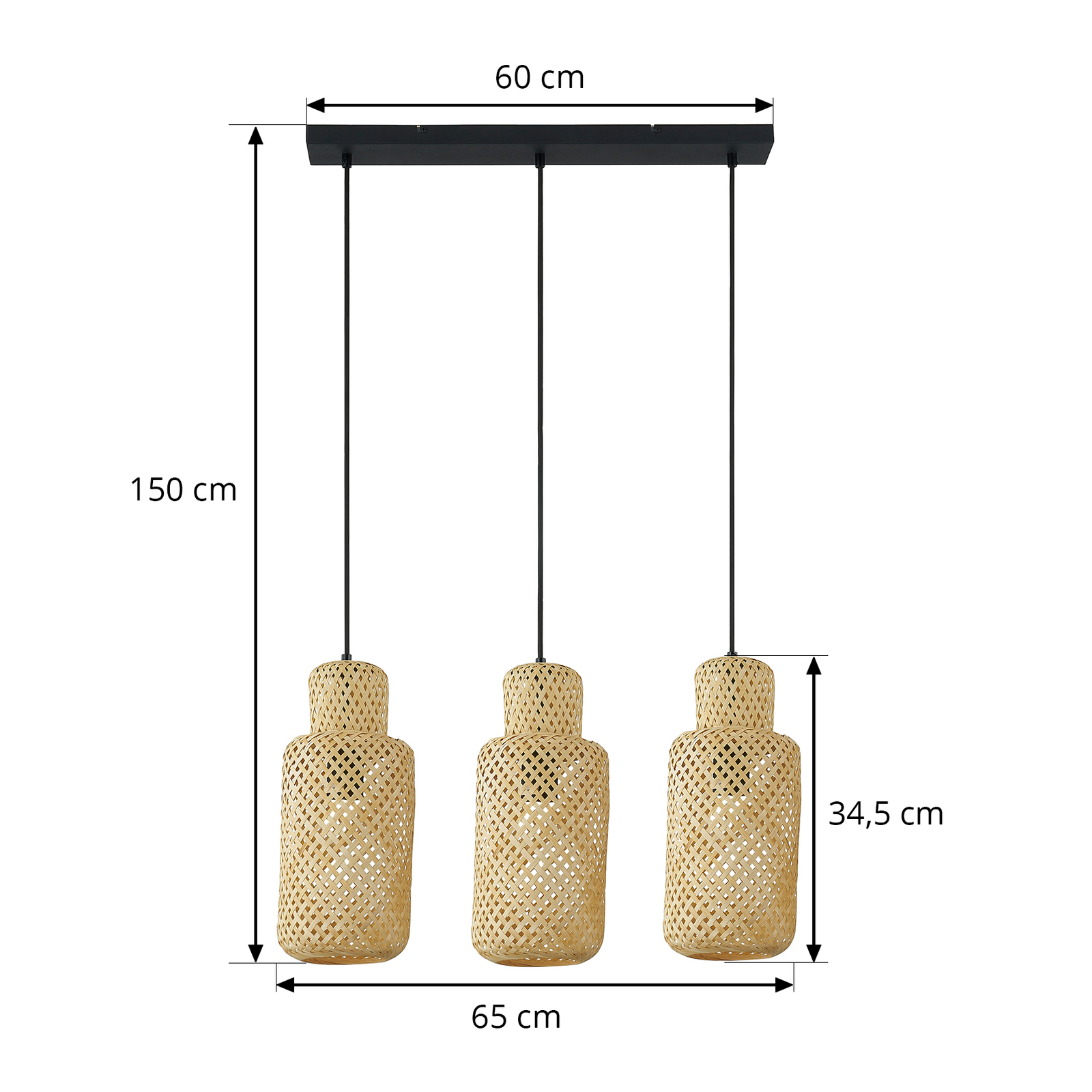 Lindby Venora hanglamp, langwerpig, 3-lamps, 15 cm, bamboe
