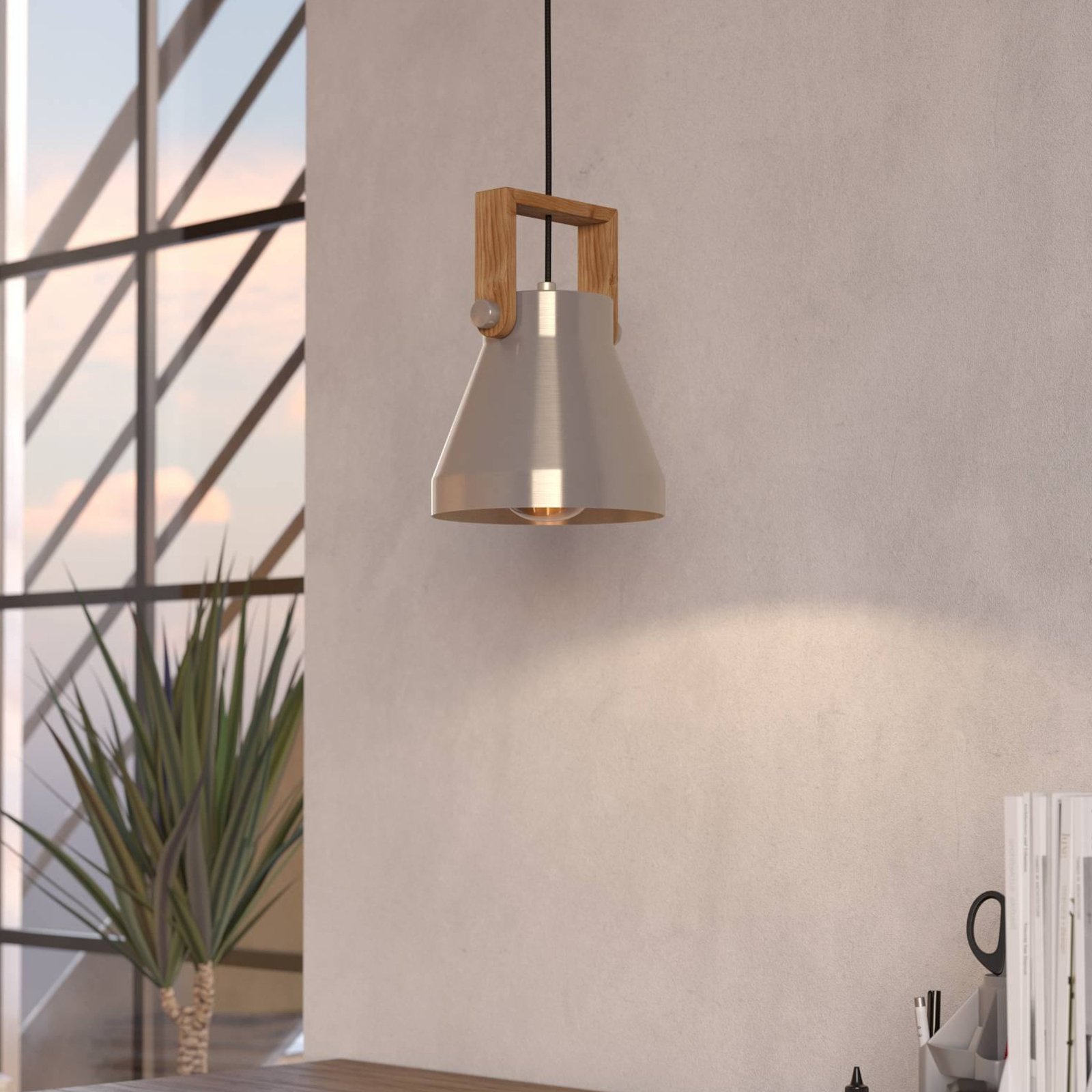 Závěsná lampa Cawton, Ø 16 cm, ocel/hnědá, ocel/dřevo