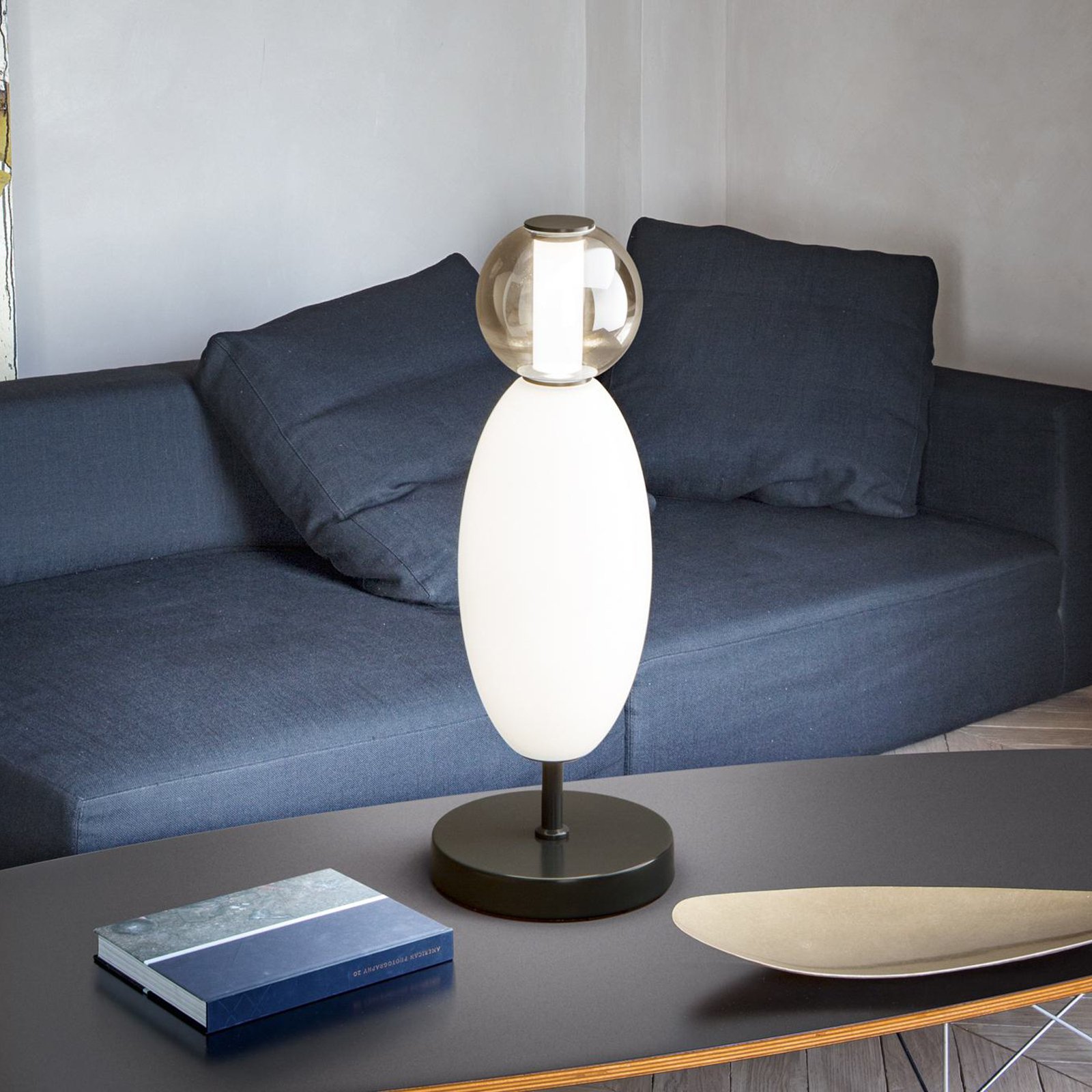 Ideal Lux Lámpara de mesa LED Lumiere, cristal opal/gris, altura 50 cm