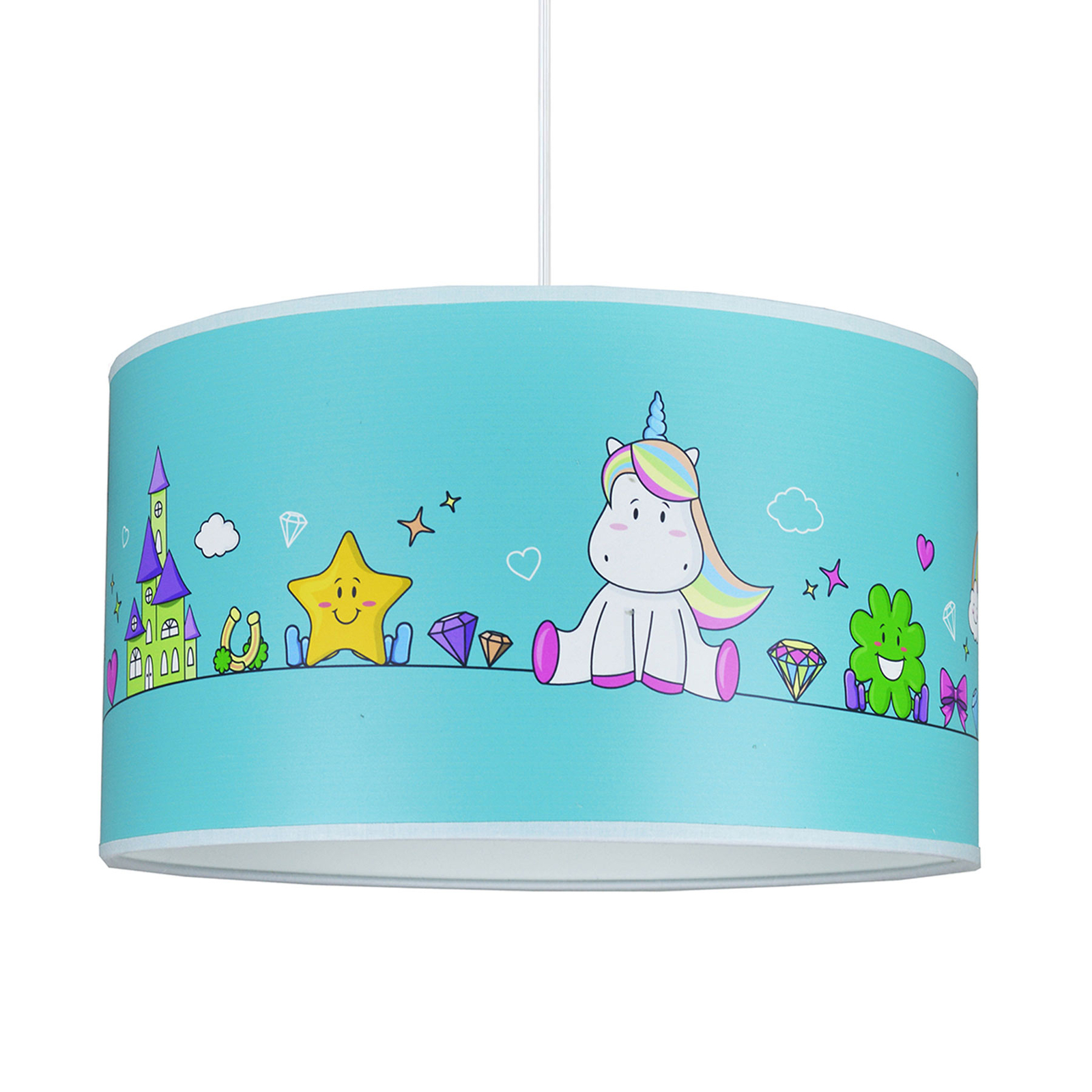 Lampa wisząca Unicorn, niebieska z motywami