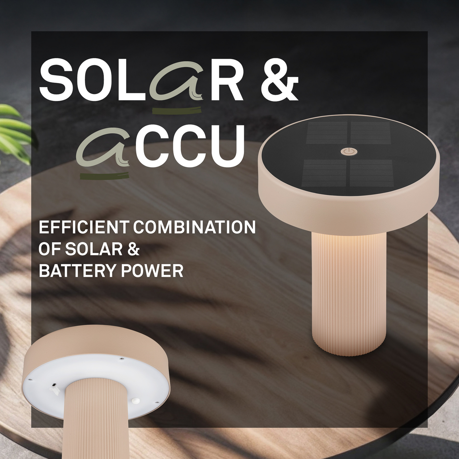 Lámpara de mesa LED solar recargable Poga, beige, plástico, IP44