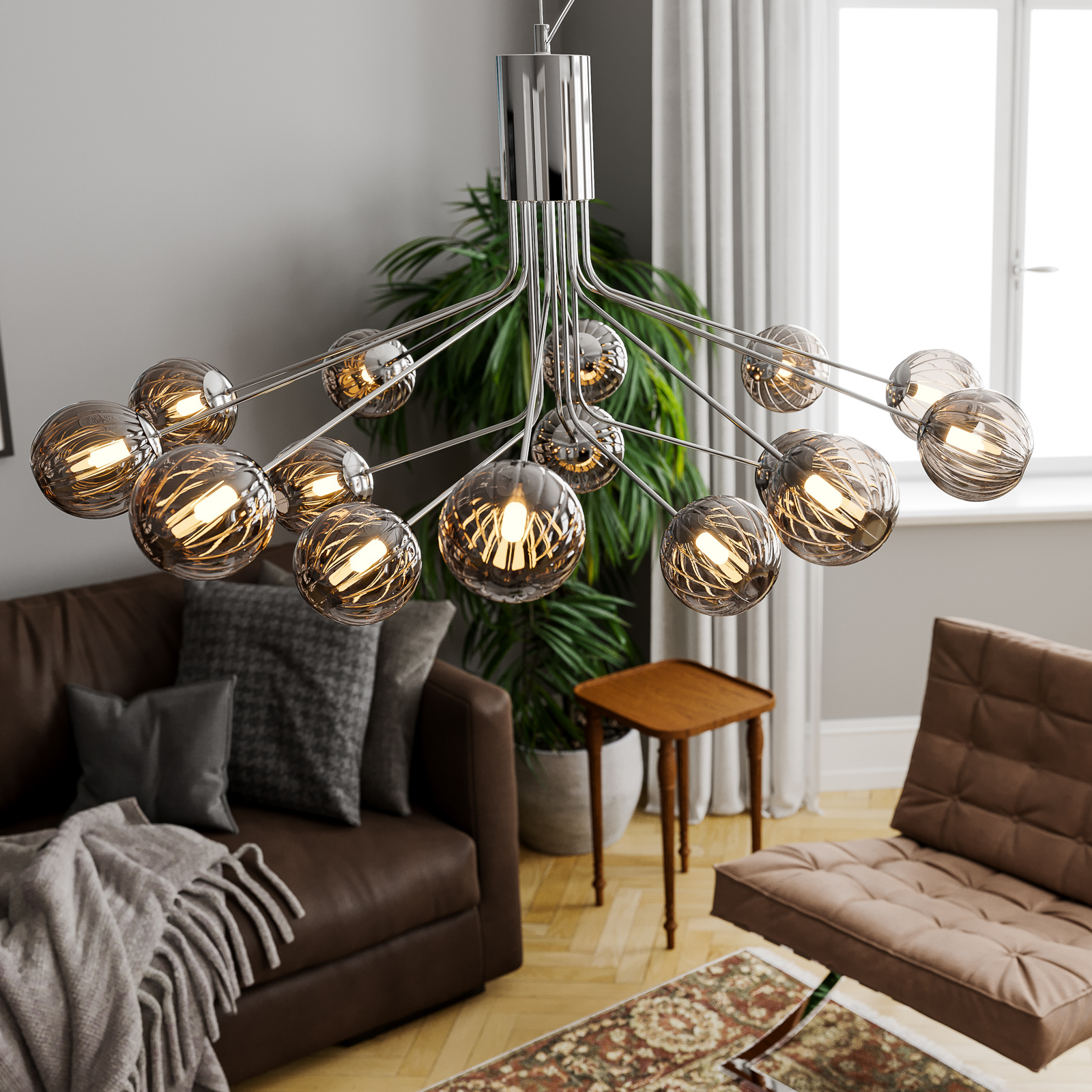By Rydéns Galax hanging light chrome/grey 15-bulb, for Living / Dining Room, glass, metal, G9, 20 W, energy efficiency: A++, H: 44 cm
