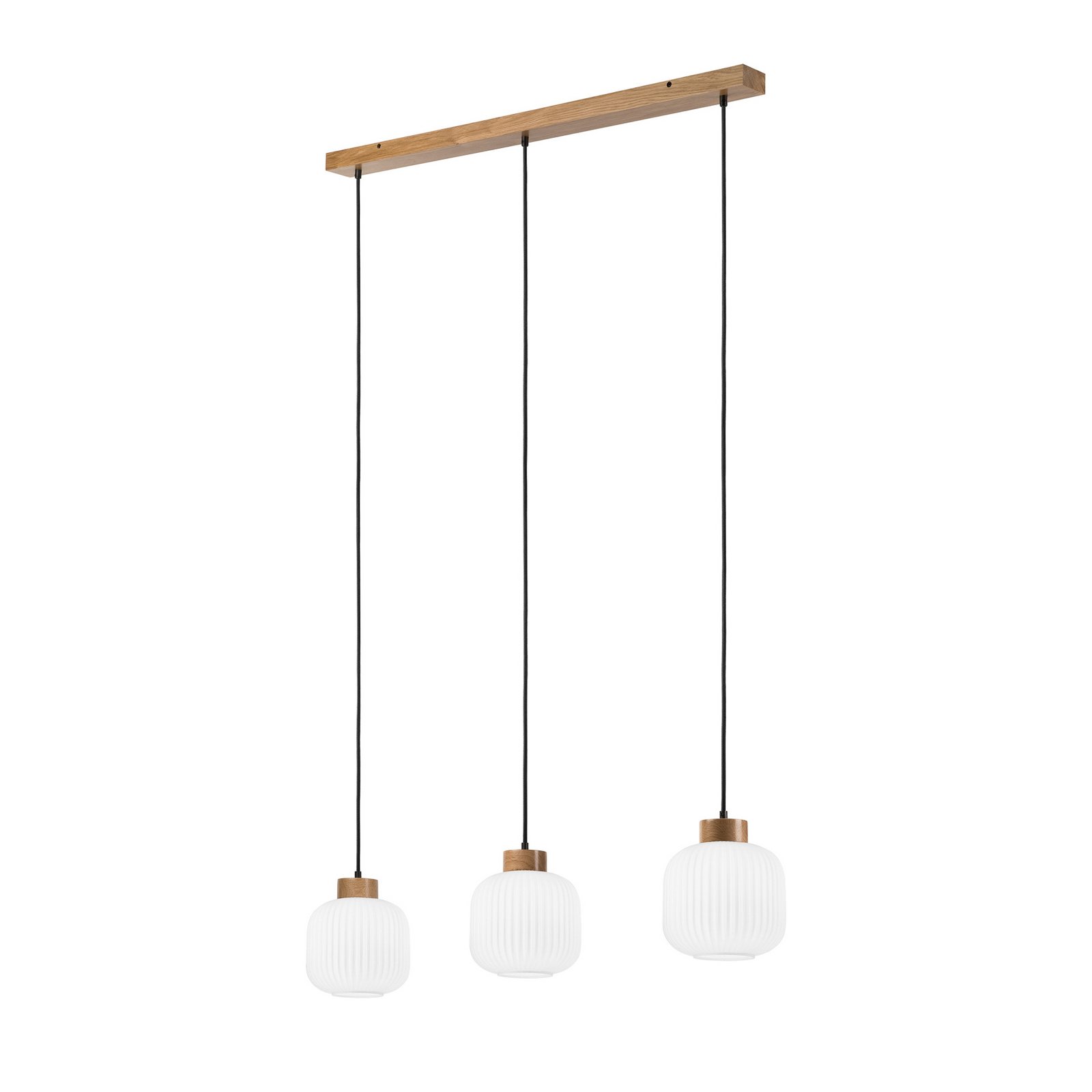 Harmony hanging light, length 110 cm, opal glass, oak, 3-bulb.