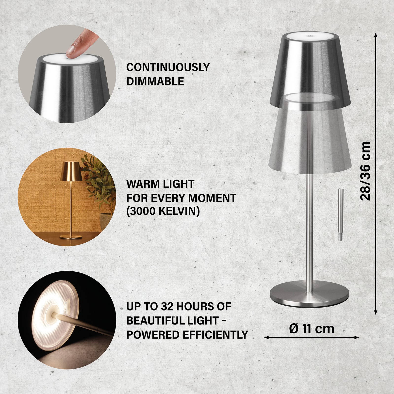 Lámpara de mesa LED recargable Viletto, color níquel, IP54