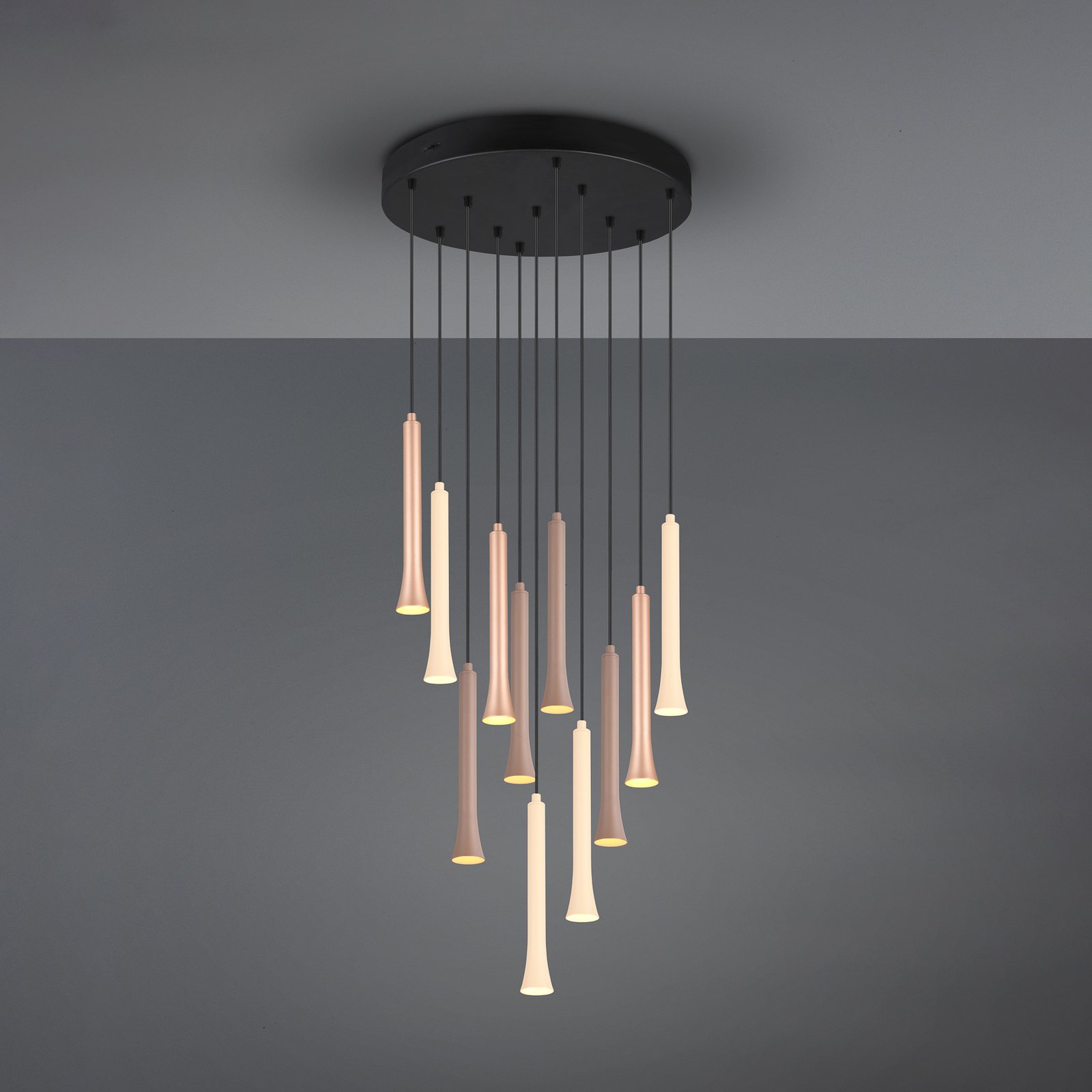 Suspension LED Fiato, 11 lampes, ronde, métal, taupe, coffee