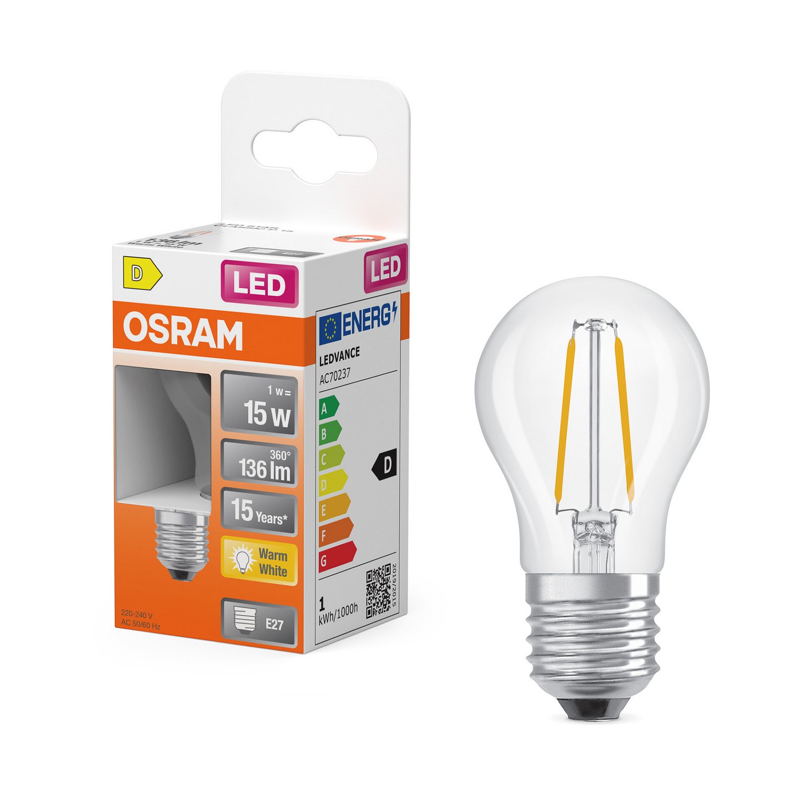 Ampoule LED OSRAM goutte P45, E27 1 W filament 2 700 K