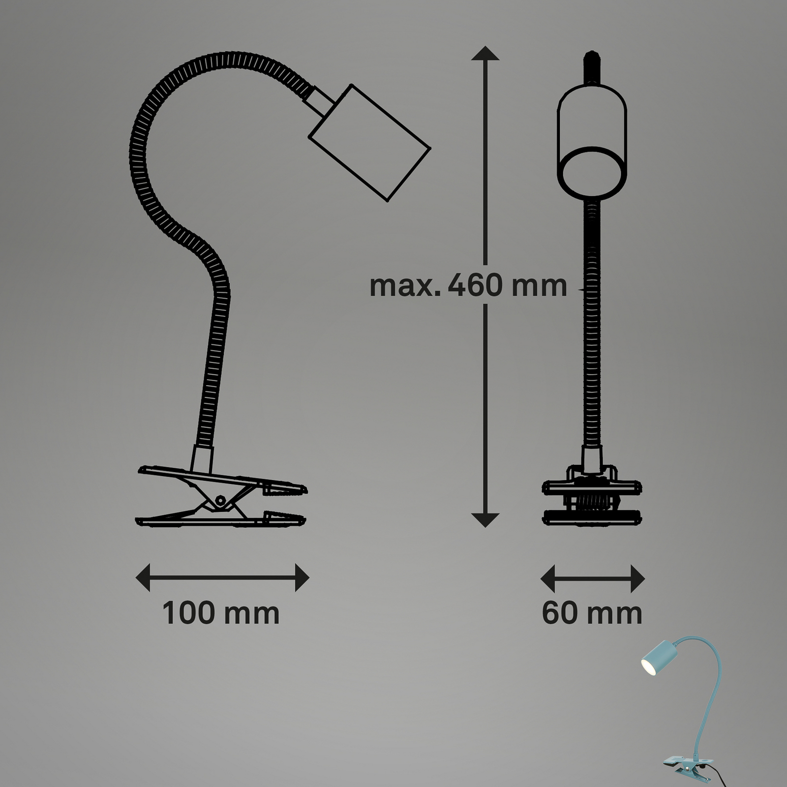 LED-Klemmleuchte Fleks, taubenblau, flexibel, Metall