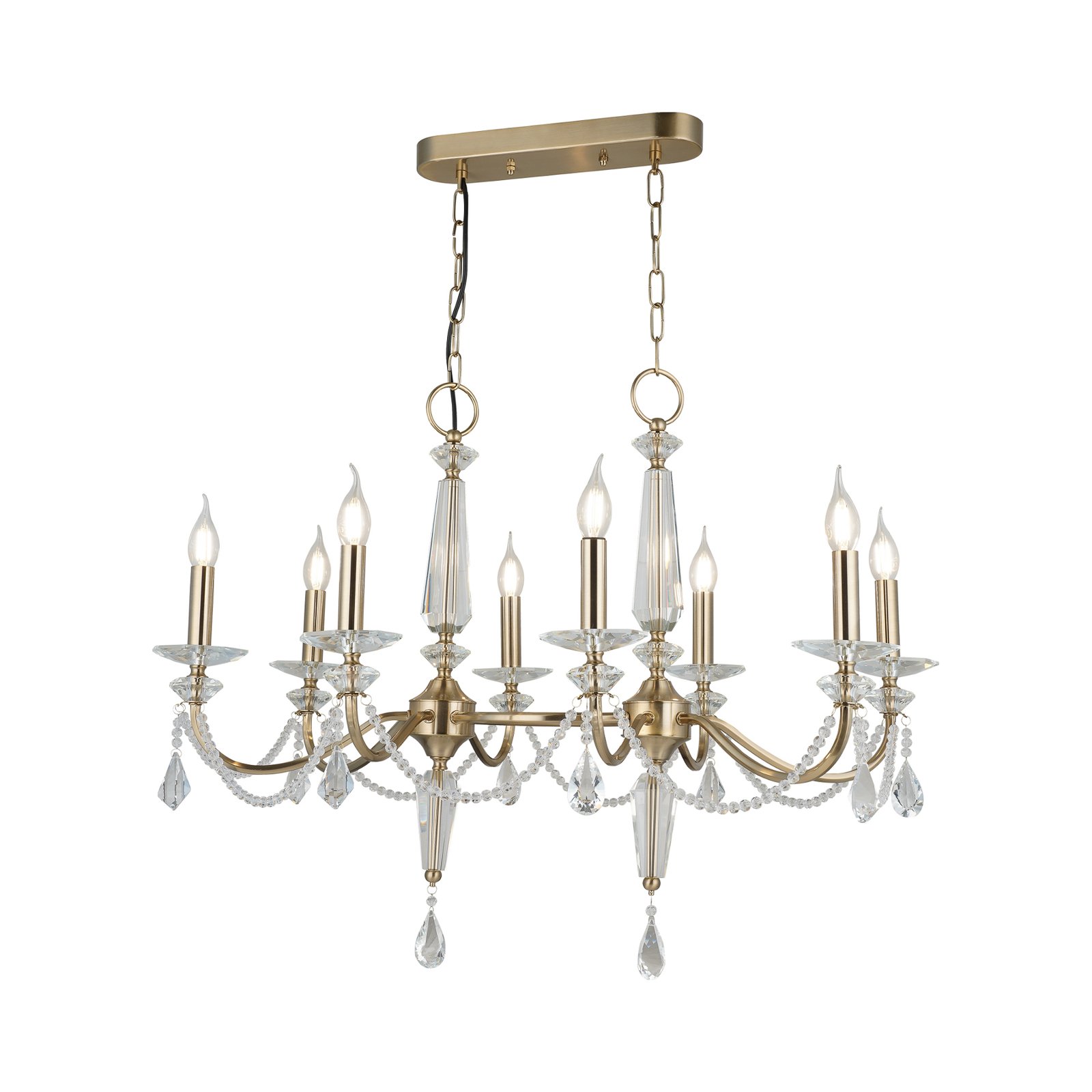 Chandelier Adone, linear, 8-bulb, brass, crystal glass