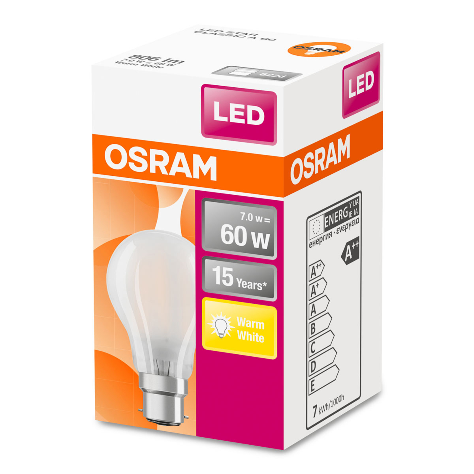 OSRAM LED žárovka B22d Classic A 7W 2.700K matná
