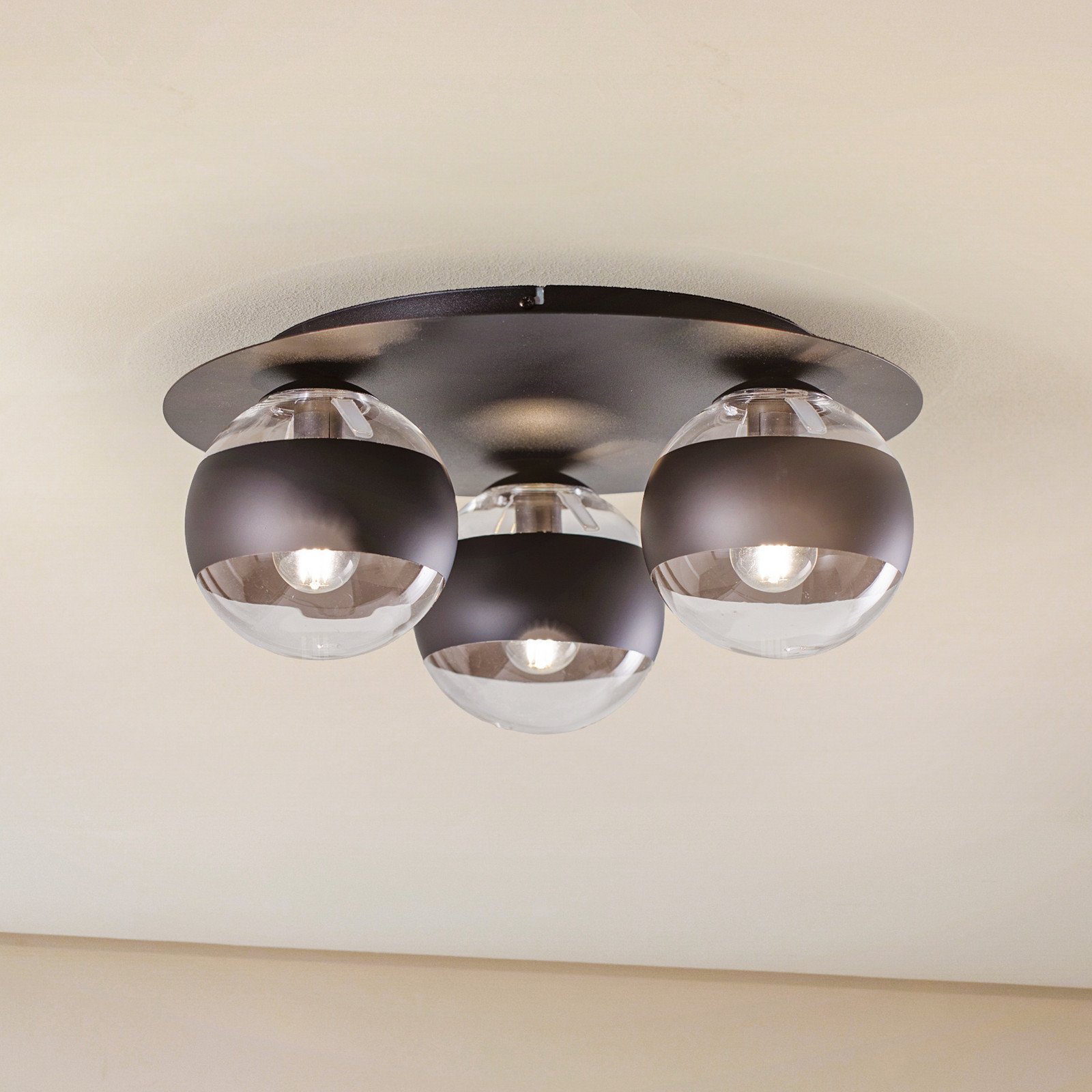 EMIBIG LIGHTING Plafonieră Kenzo rotundă negru/transparent 3 becuri - Camera de zi / sufragerie - Modern - negru transparent - Metal