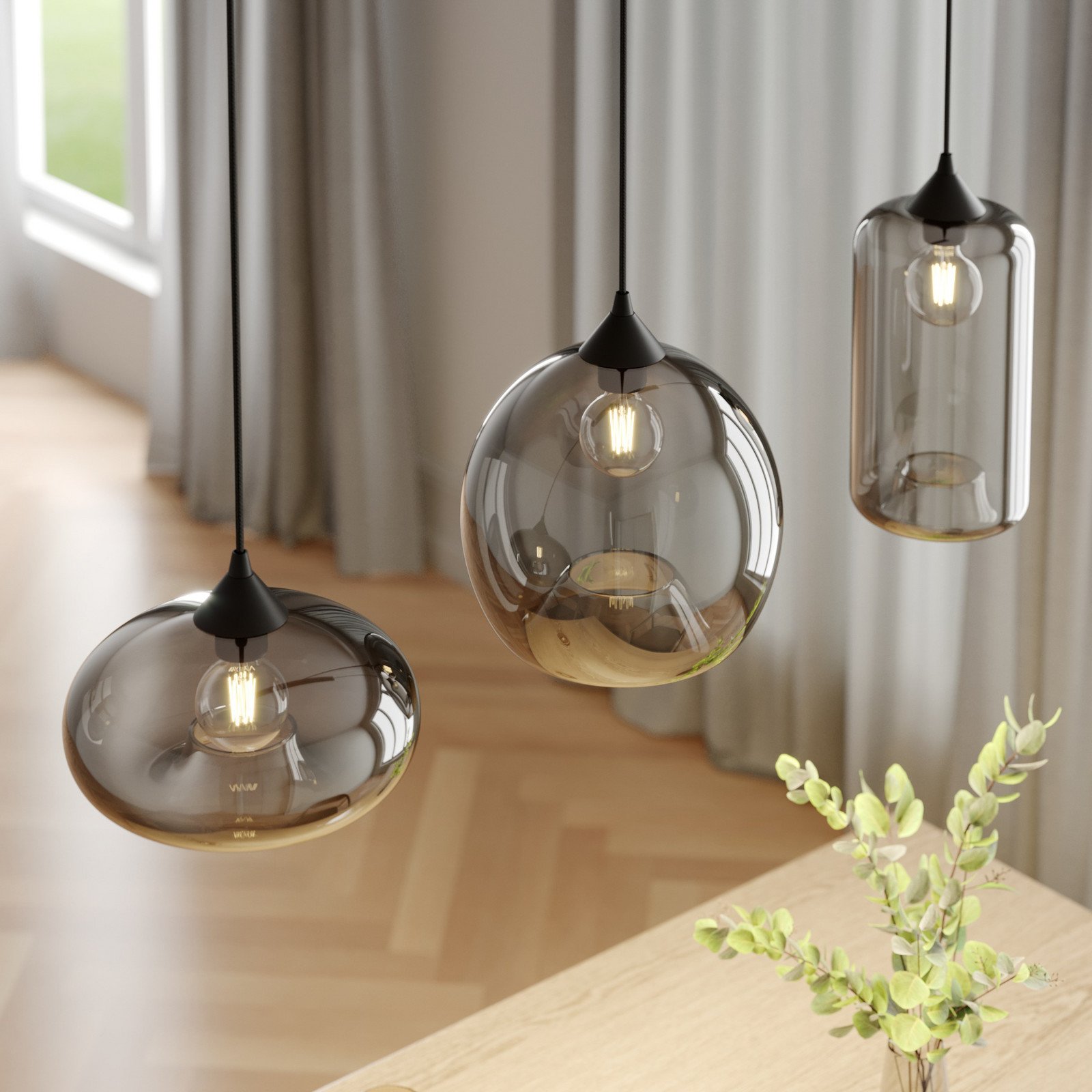 Lindby lampă suspendată Marla 3 becuri sticlă gri fumuriu 102cm - Camera de zi / sufragerie - modern - Metal