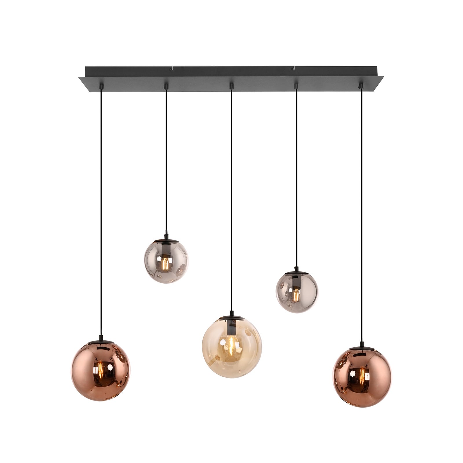 Shiny pendant light, 5-bulb, long, multicoloured, glass, E14