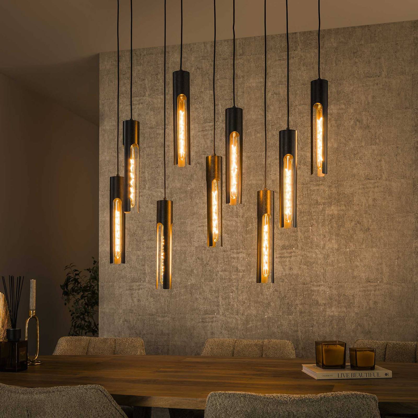 Lampa wisząca Tube, czarna, 100 x 18 cm, metal, 9-punktowa