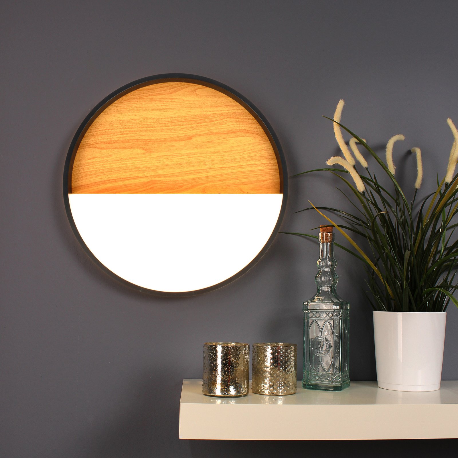 Aplique de pared LED Vista, madera clara/negro, Ø 30 cm