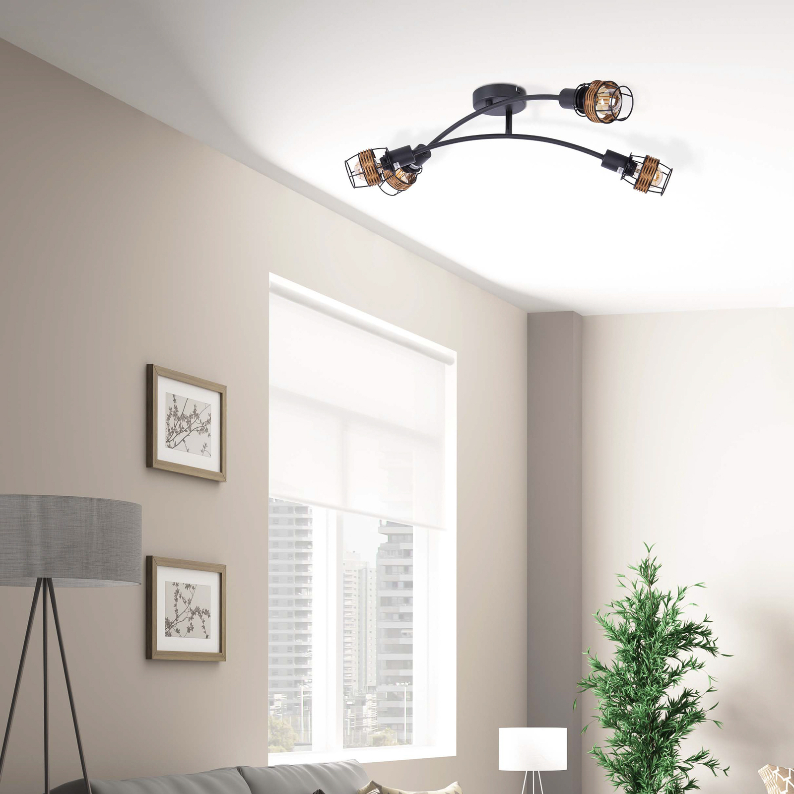 Malik ceiling light, black/rattan 4-bulb