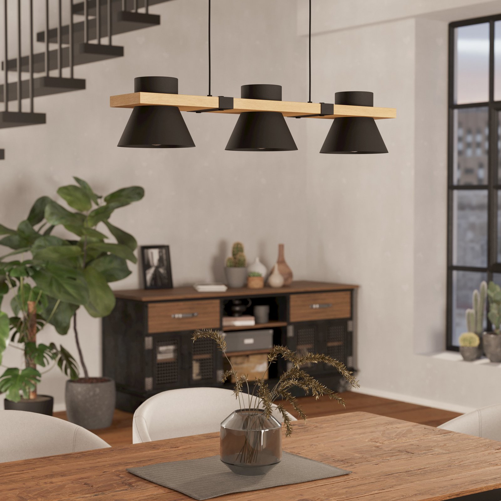 Závesné svietidlo Maccles v čiernej s drevom 3-pl.