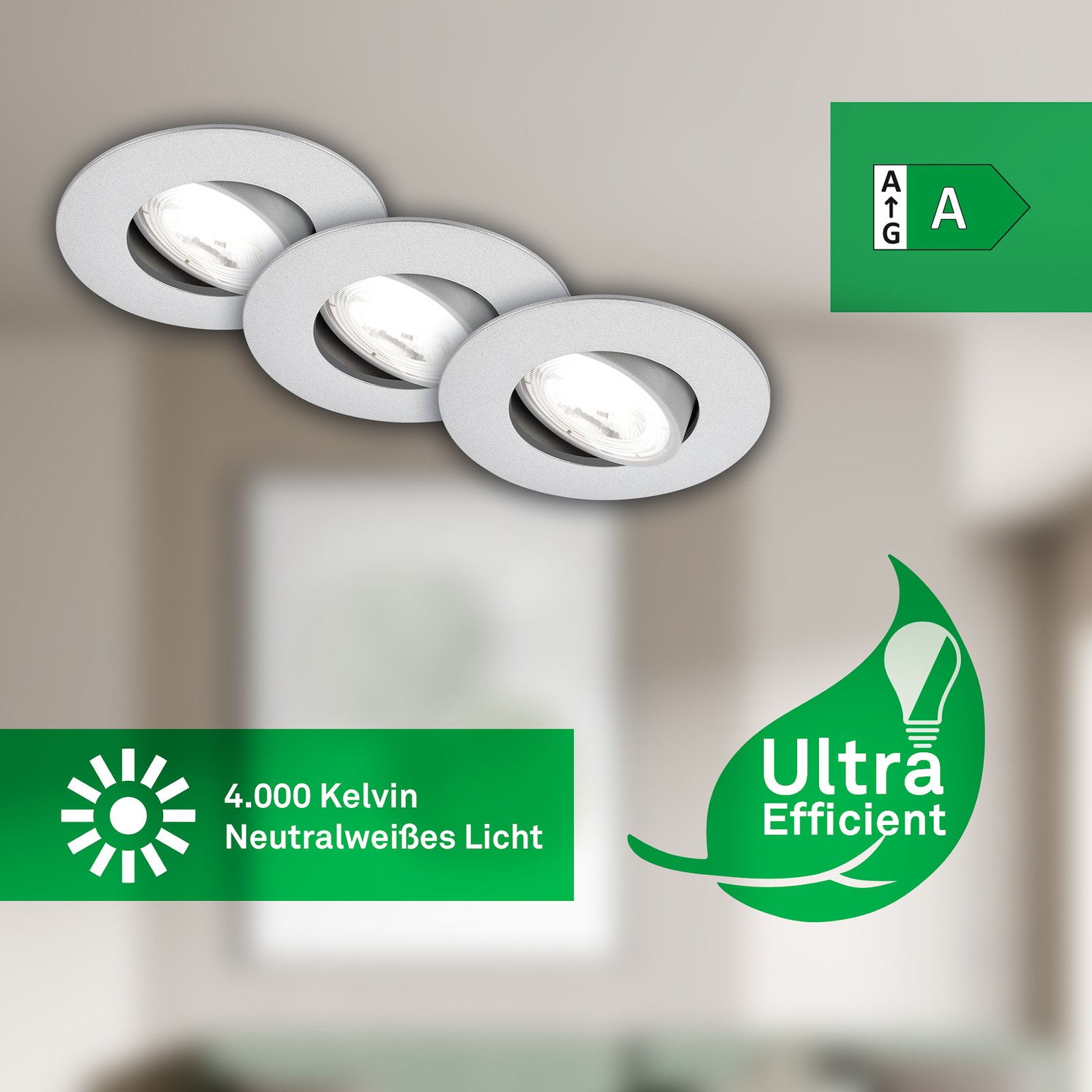 LED-Einbauleuchte Kulana A, chrom matt, 4000K, 3er-Set