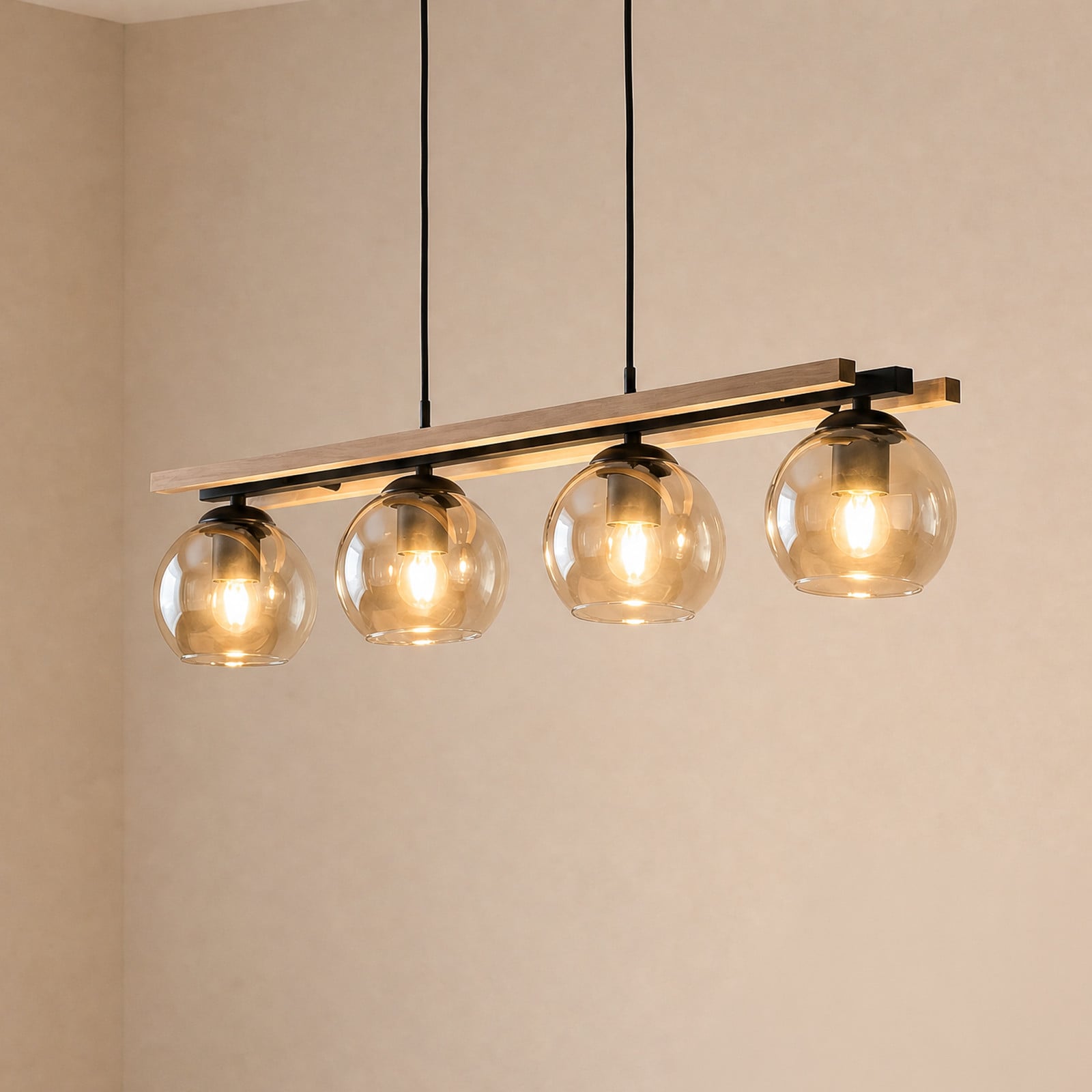 Enrique Pendel Amber/Black/Oak Lindby - Stue - Moderne - Glas - Med flere lyskilder
