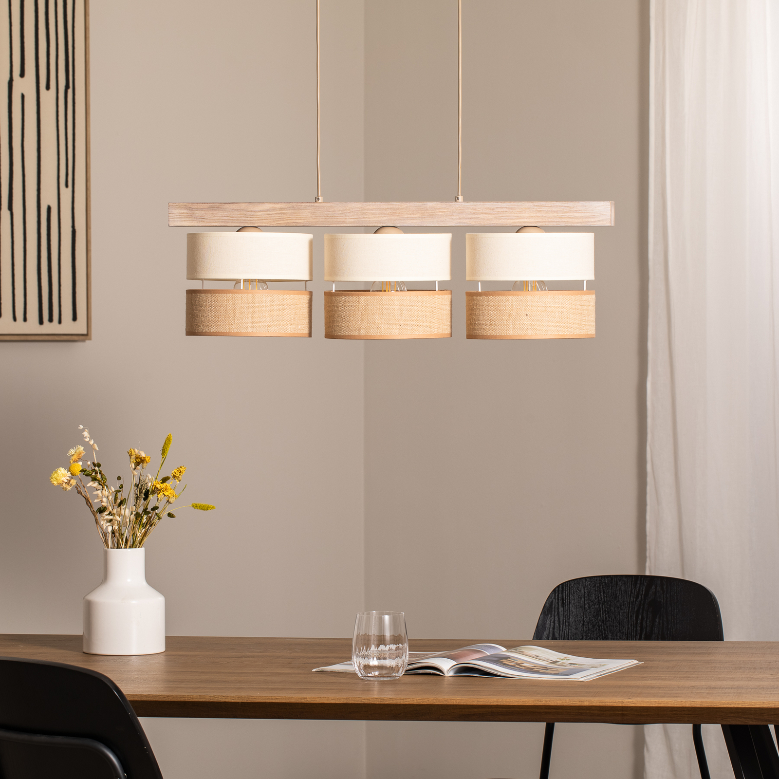 Żyrandol Treeon, 3-punktowa, drewno, juta, kolor naturalny/ecru