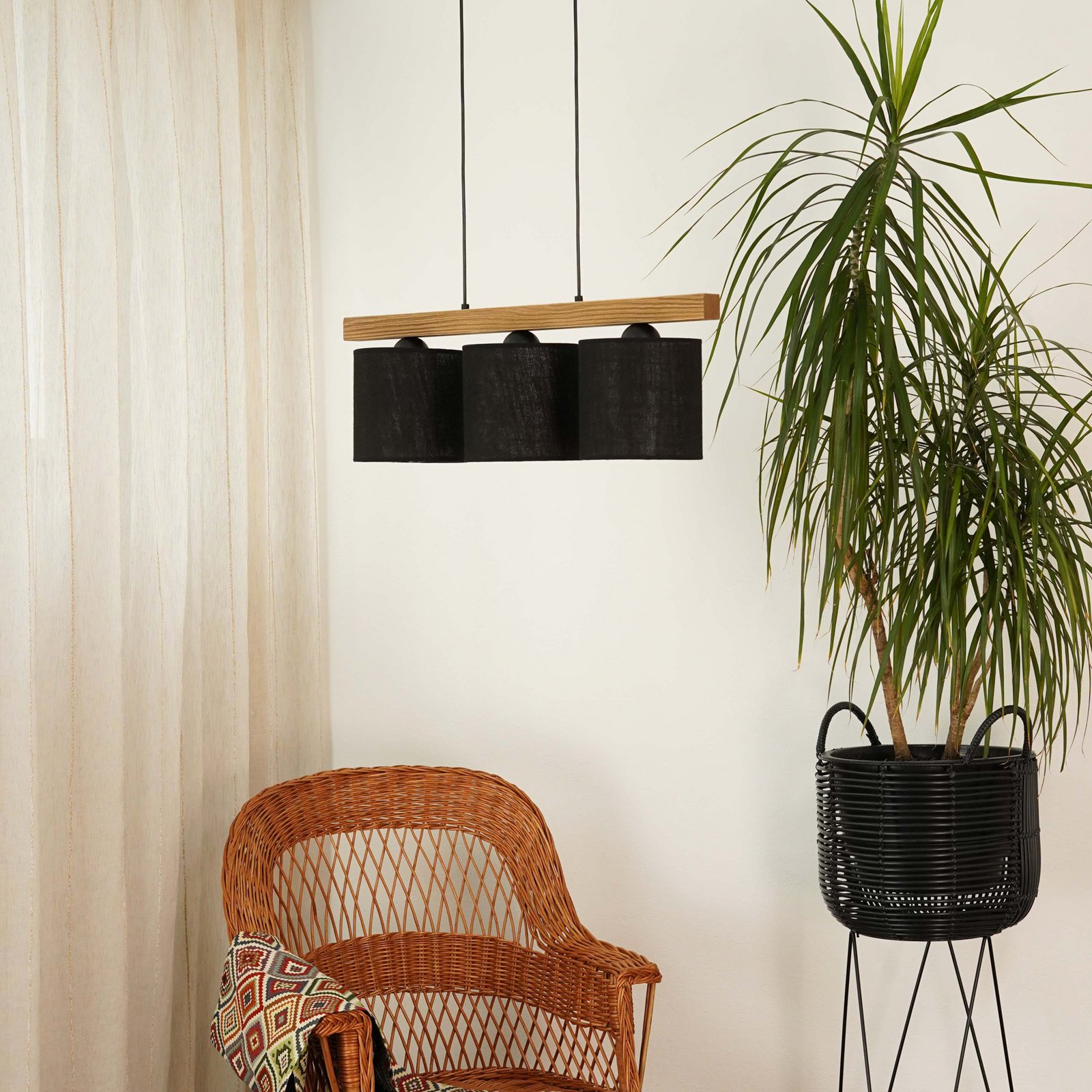 Forest hanging light, light wood/black, black jute, 3-bulb