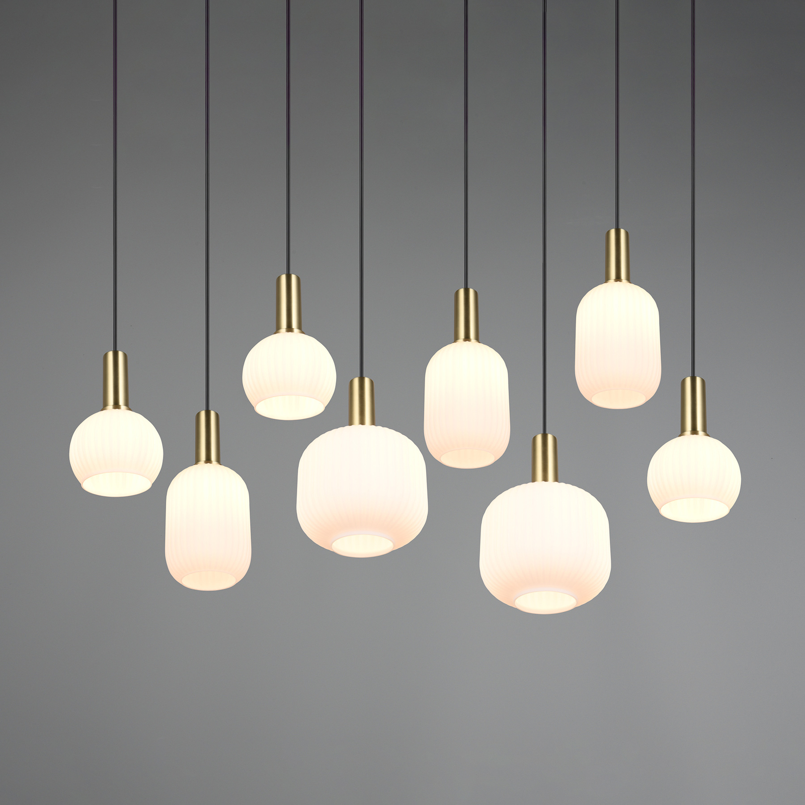 Diva pendant light, 8-bulb, brass-coloured, opal, metal, glass