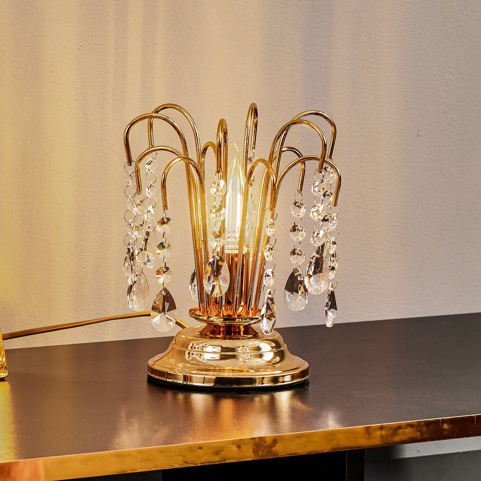 Pöytälamppu Pioggia kristallisateella, 26cm, kulta