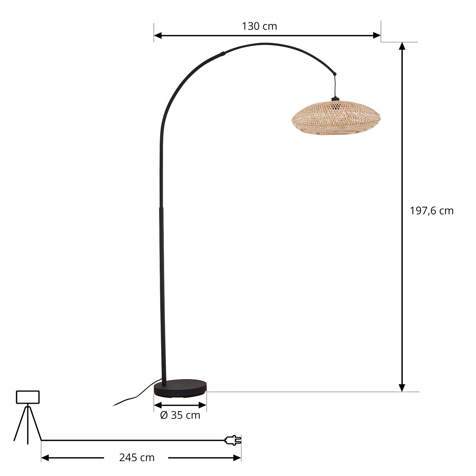 Candeeiro de arco Lindby Solvian, preto/natural, bambu, metal