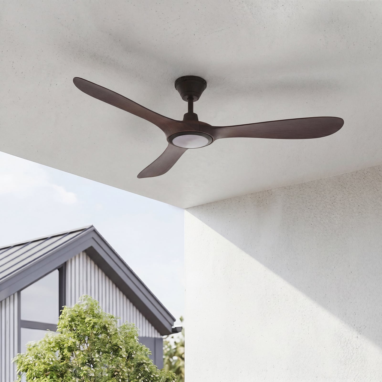 Lucande Winrod LED ceiling fan, dark wood, IP66, dimmable