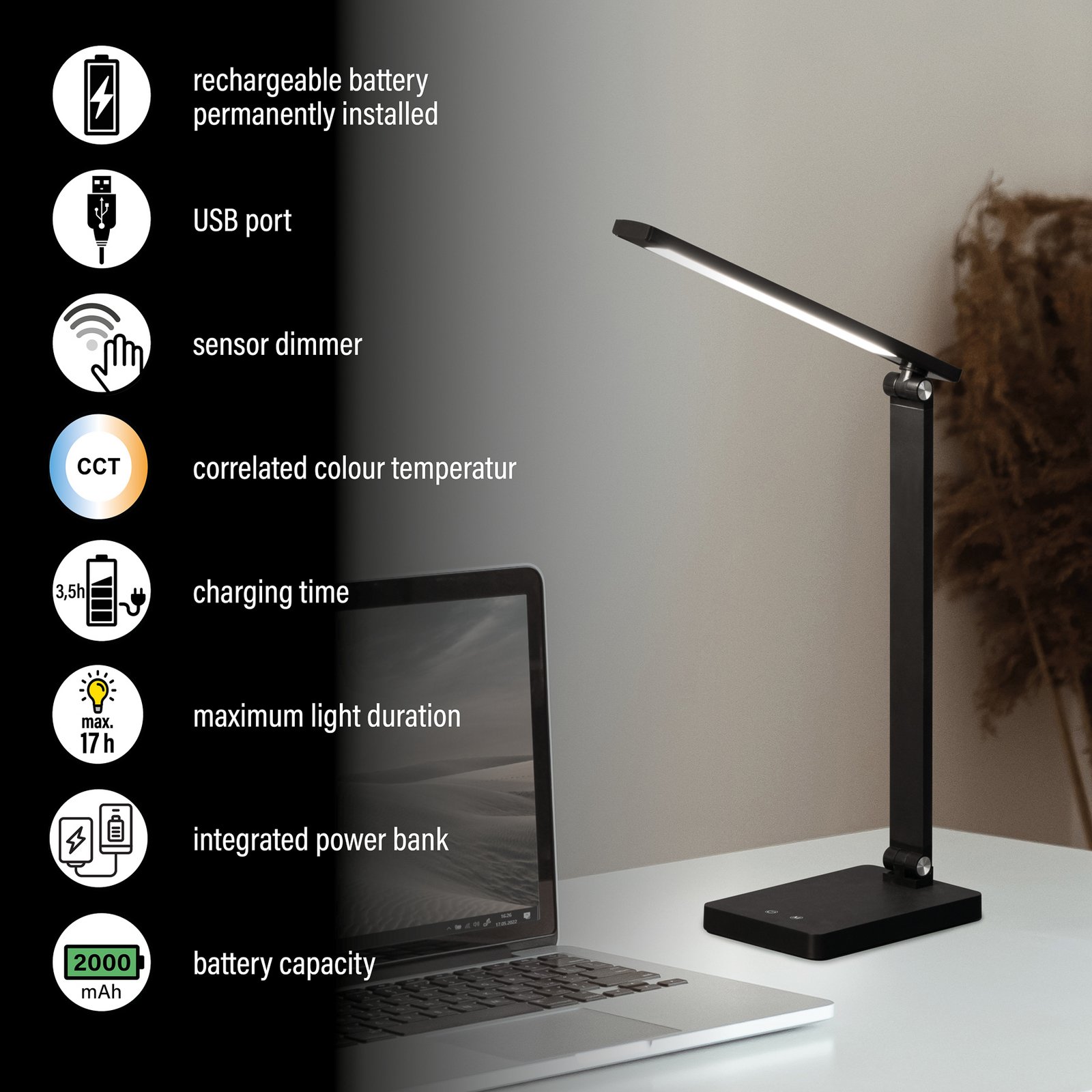 Ole LED rechargeable office desk lamp, black, sensor, dimmable, CCT